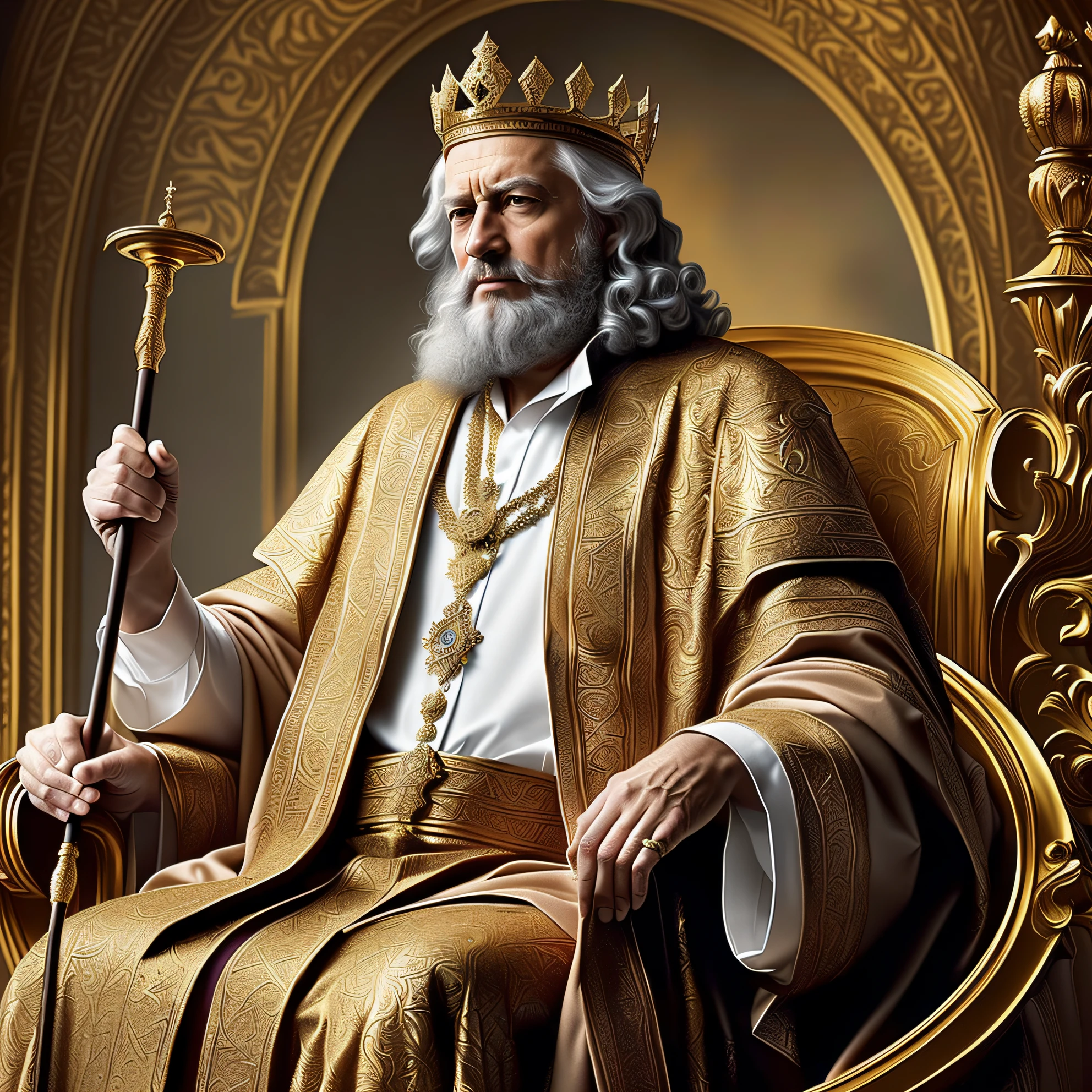 arafed image of a man in a golden robe sitting on a throne, old medieval king Solomon, portrait of the emperor of mankind, the god of wealth emperor of mankind, majesty in noble clothes, great king of Stovokor, seated on the golden throne