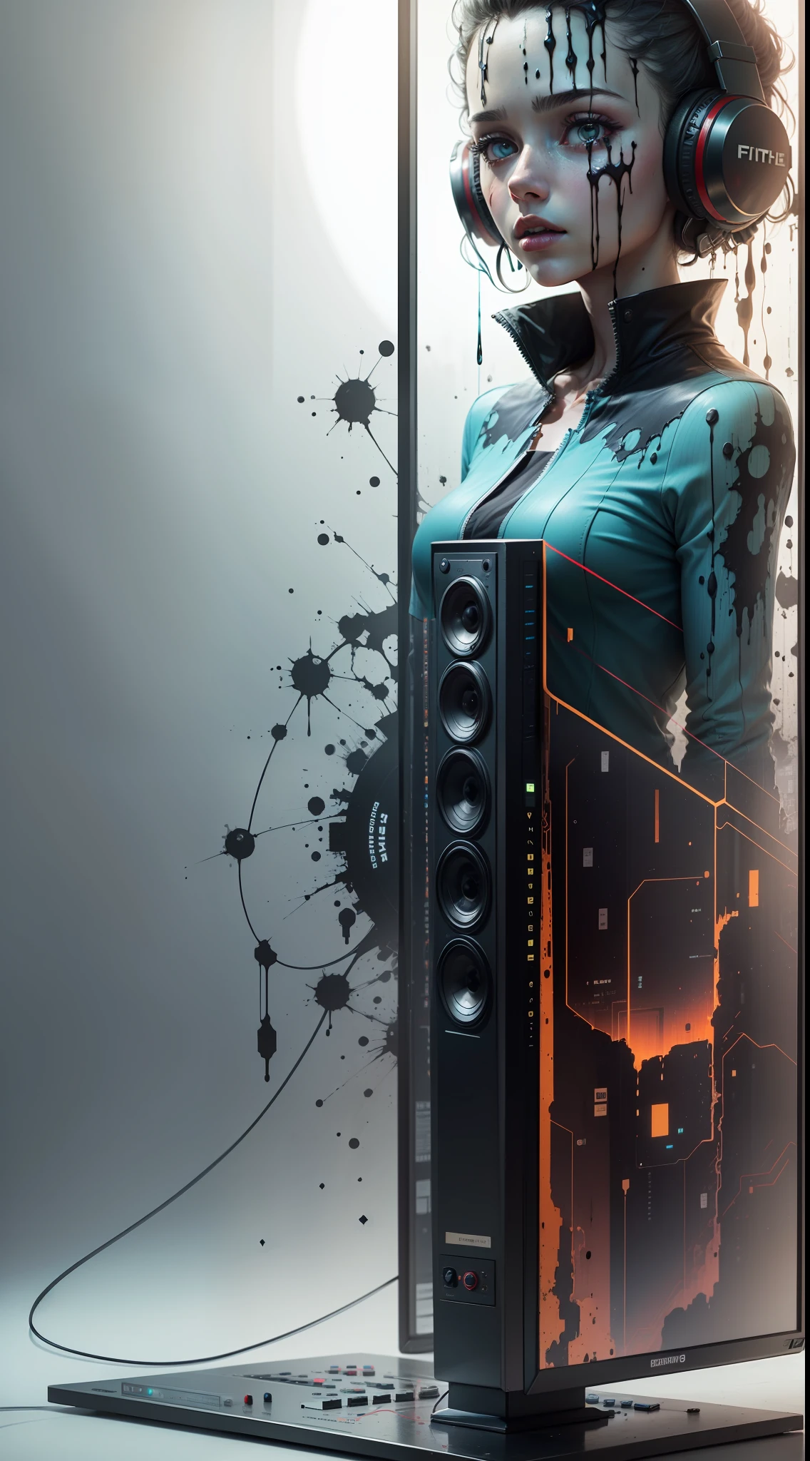 a digital tv store mannequin hi fi new media model in the style of gothic industrial decaying figures 4k, octane rendering, dripping paint, data bending environment