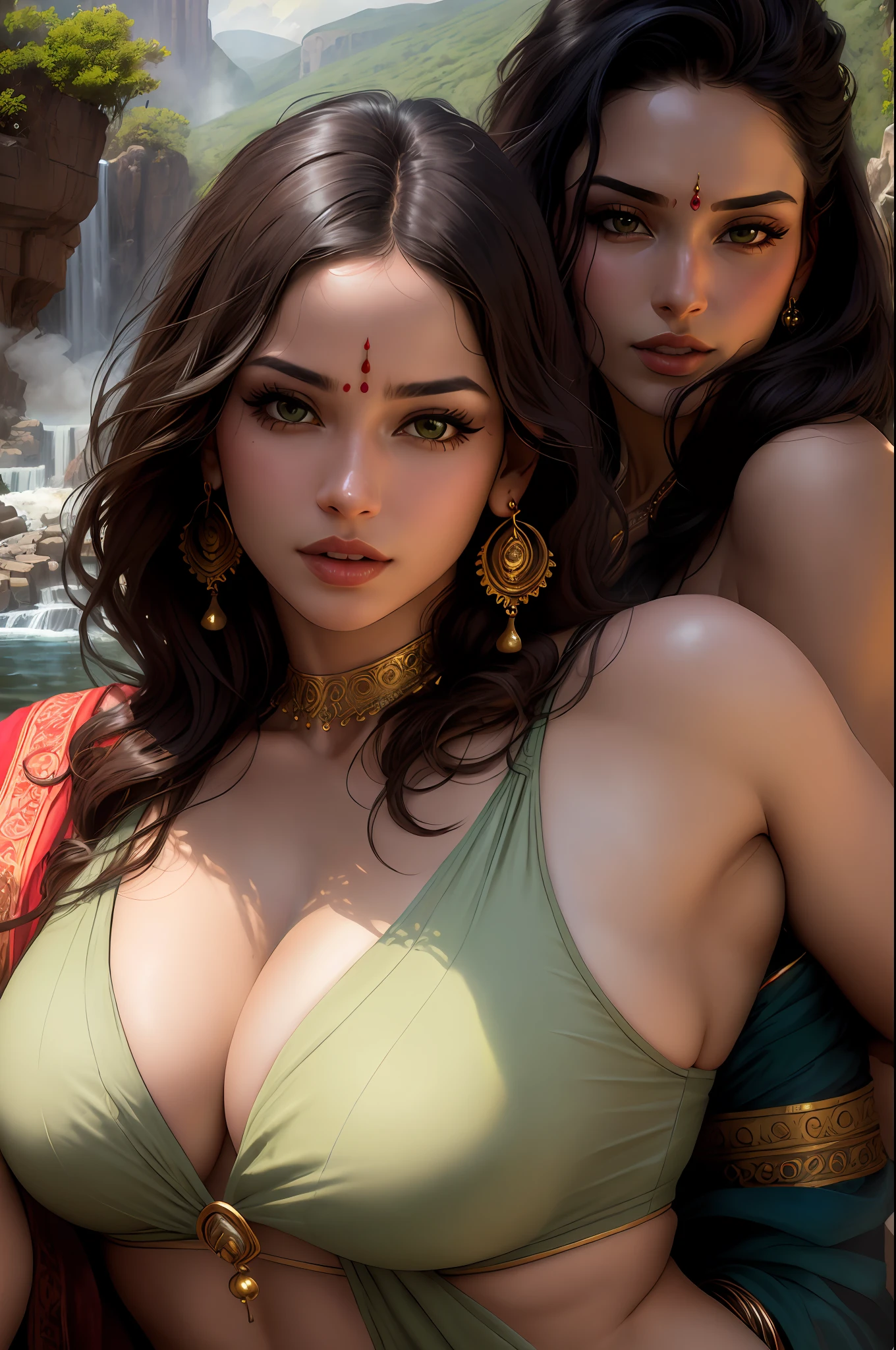 ((realistic:1.5)),((best quality)), ((masterpiece)),((detailed)), (1girl), {a beautiful female wearing a Sari}, (upper body:1.3),super-wide-angle lens,face focus, mature,sexy,toned muscles,long legs,curvy, barefoot, oversized firm breasts, open cleavage, drooping breasts, thick thighs,wide hips, thin legs, green eyes,long black hair,floting hair,long eyelashes, (detailed face,beautiful eye, detailed pupilss,detailed clothes features, clear background:1.3), (Bindi,Jhumkas:1.3), (Armlet, Haar, Payal,Maang Tikka,Jhumkas,Kamarband,Bangles:1.3), mysterious ancient ruin, lush forests, deep canyons,bridge,river,cliff,cloud, lakes,rock,waterfalls, flowers, grass, fog,vine,tree, smoke, best shadow,bright details,sharp,perfect composistion, Intricate, Sharp focus, dramatic, by Frank Frazetta,by Julie Bell,by Olivia De Berardinis,by Luis Royo,by boris vallejo, (specular lighting:1.3),rim light, princesses, playing, princesses playing with water, royal skimpy underwear, random red/gold color, laying on the floor, spooning her friend, thirsty face, erotic face, lips open, almost undressed, underwear slid down, attended by servants, armed bodyguard, servant, gasping, breathing hard, fist clenched, visible slit, dynamic poses
