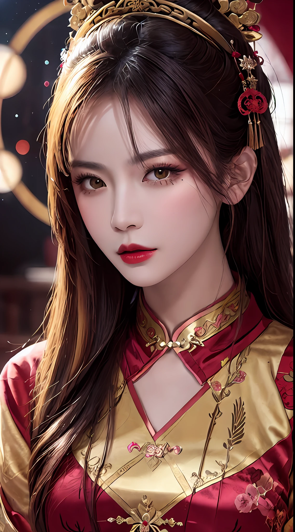 Woman wearing red and gold dress, flower background, palace, hanfu girl, wearing red cheongsam, chinese style, with ancient chinese costume, wearing ancient chinese costume, traditional beauty, Chinese Traditional, chinese girl, cheongsam, chinese costume, chinese princess, hanfu, chinese traditional clothing, chinese costume, 1 27-year-old girl, 1 zodiac goddess from the future, goddess of the pink and purple 12 zodiacs, the goddess of the zodiac in a yellow ao dai, a 12 zodiac ao dai with many black lace detail, mythology Goddess of the 12 zodiacs from the future, zodiac ♏, luxurious glittering zodiac style, dark and mysterious version, zodiac crown, lipstick lips red, thin and beautiful lips, mouth closed, characters made by karol bak and pino daeni, intricate detail, detailed background, extremely detailed, light magic, a woman, clear face, hair long with bangs, beautiful face in detail and well-proportioned eyes, (transparent yellow eyes: 1.8), big round eyes and very beautiful and detailed makeup, foresight, silk dress, mysterious makeup , double bangs and dyed light blonde , upper half portrait, zodiac goddess portrait, arms hanging loosely, Realistic and vivid photo, (stars make up the zodiac: 1.7), (sky background zodiac and fictitious space and time portal: 1.8), fiction art, RAW photo, hanfu picture, best photo, best photo quality, 8k quality, 8k ultra, super realistic, real photo most economical, the goddess poses sexy and seductive,