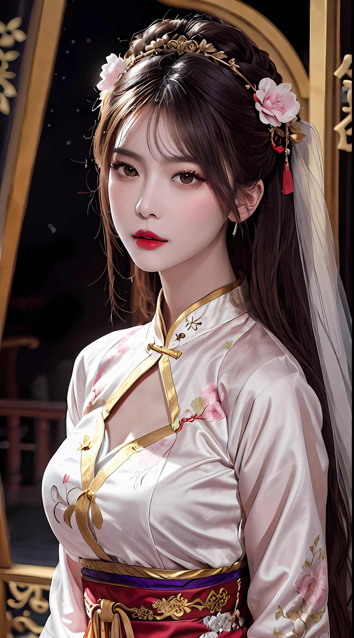 Woman wearing red and gold dress, flower background, palace, hanfu girl, wearing red cheongsam, chinese style, with ancient chinese costume, wearing ancient chinese costume, traditional beauty, Chinese Traditional, chinese girl, cheongsam, chinese costume, chinese princess, hanfu, chinese traditional clothing, chinese costume, 1 27-year-old girl, 1 zodiac goddess from the future, goddess of the pink and purple 12 zodiacs, the goddess of the zodiac in a yellow ao dai, a 12 zodiac ao dai with many black lace detail, mythology Goddess of the 12 zodiacs from the future, zodiac ♏, luxurious glittering zodiac style, dark and mysterious version, zodiac crown, lipstick lips red, thin and beautiful lips, mouth closed, characters made by karol bak and pino daeni, intricate detail, detailed background, extremely detailed, light magic, a woman, clear face, hair long with bangs, beautiful face in detail and well-proportioned eyes, (transparent yellow eyes: 1.8), big round eyes and very beautiful and detailed makeup, foresight, silk dress, mysterious makeup , double bangs and dyed light blonde , upper half portrait, zodiac goddess portrait, arms hanging loosely, Realistic and vivid photo, (stars make up the zodiac: 1.7), (sky background zodiac and fictitious space and time portal: 1.8), fiction art, RAW photo, hanfu picture, best photo, best photo quality, 8k quality, 8k ultra, super realistic, real photo most economical, the goddess poses sexy and seductive,