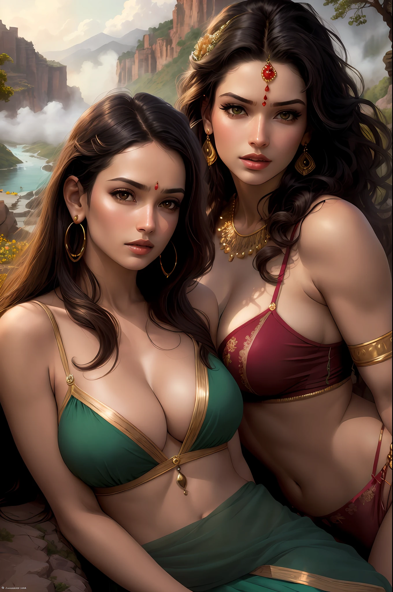 ((realistic:1.5)),((best quality)), ((masterpiece)),((detailed)), (1girl), {a beautiful female wearing a Sari}, (upper body:1.3),super-wide-angle lens,face focus, mature,sexy,toned muscles,long legs,curvy, barefoot, oversized firm breasts, open cleavage, drooping breasts, thick thighs,wide hips, thin legs, green eyes,long black hair,floting hair,long eyelashes, (detailed face,beautiful eye, detailed pupilss,detailed clothes features, clear background:1.3), (Bindi,Jhumkas:1.3), (Armlet, Haar, Payal,Maang Tikka,Jhumkas,Kamarband,Bangles:1.3), mysterious ancient ruin, lush forests, deep canyons,bridge,river,cliff,cloud, lakes,rock,waterfalls, flowers, grass, fog,vine,tree, smoke, best shadow,bright details,sharp,perfect composistion, Intricate, Sharp focus, dramatic, by Frank Frazetta,by Julie Bell,by Olivia De Berardinis,by Luis Royo,by boris vallejo, (specular lighting:1.3),rim light, princesses, playing, princesses playing with water, royal skimpy underwear, random red/gold color, laying on the floor, spooning her friend, thirsty face, erotic face, lips open, almost undressed, underwear slid down, attended by servants, armed bodyguard, servant, gasping, breathing hard, fist clenched, visible slit, dynamic poses