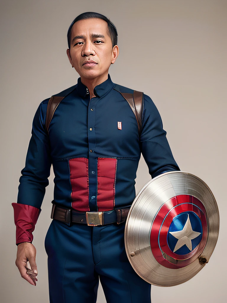 4k, Best quality, masterpiece, ultra high res, beautiful lighting, (realistic, photo-realistic:1.4), realistic background, jokowi, 1man, 50 years old, wear captain america superhero outfit with a concave disk, long shot, Professional photography