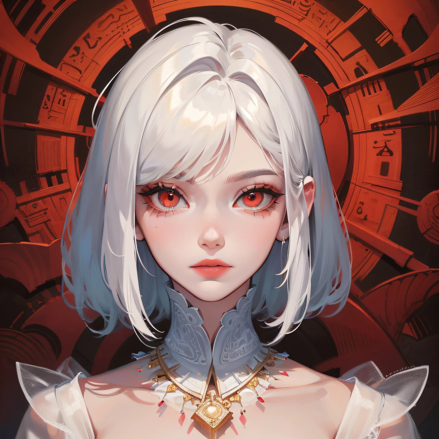 Realistic, (Masterpiece, Top Quality, Best Quality, Official Art, Beauty and Aesthetics: 1.2), Very Detailed, Fractal Art, Colorful, Most Detailed, Zentangle, (Abstract Background: 1.5) (1boy: 1.3), God, White Hair, Short Hair, (Glowing Red Eyes), Mysterious, (Magic), Ice, Handsome Man, Egyptian Style