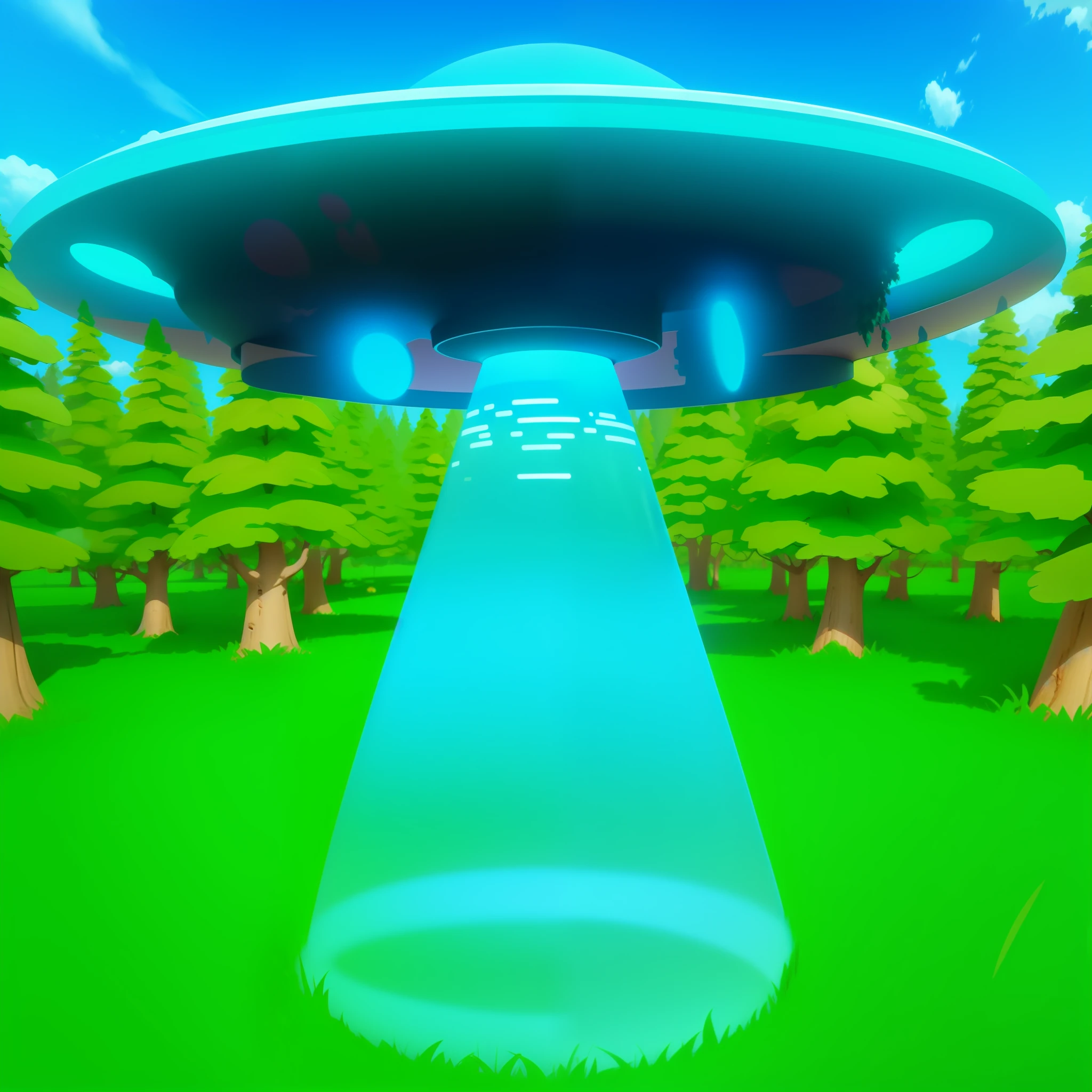 UFO Abducting Neon, Forest with grass, mountain, blue sky, SSAO, ambient occlusion, Raytracing --auto