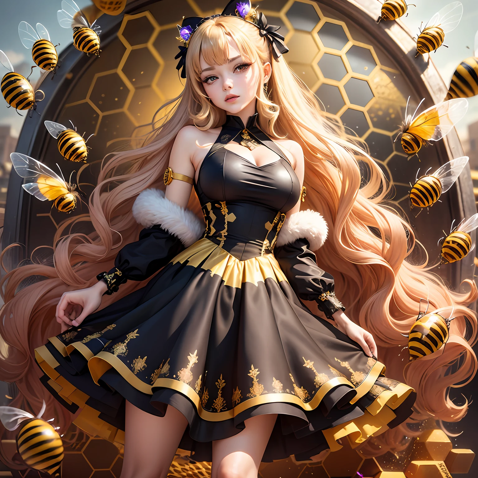 High quality, high image quality, ultra-detailed depiction. Anime poster, bee girl, queen bee. A noble and beautiful woman. Golden God. A black and yellow dress with a skirt bulging at the back. Transparent plumage. Compound eye hair ornament. (Honeycomb with regular hexagons: 1.5). Golden nectar that melts and overflows.