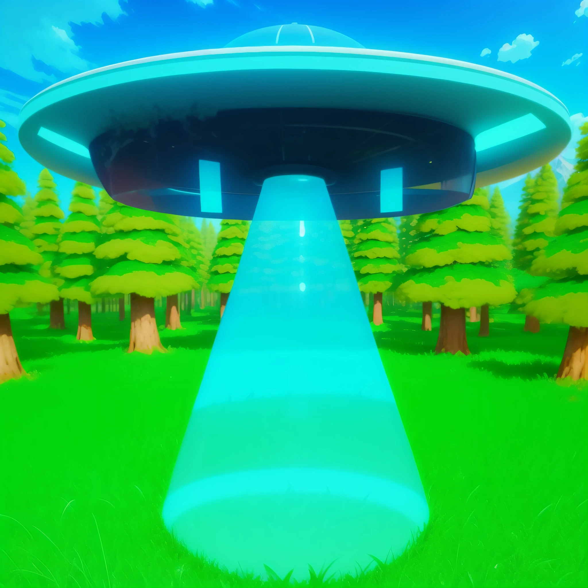 UFO Abducting Neon, Forest with grass, mountain, blue sky, SSAO, ambient occlusion, Raytracing --auto