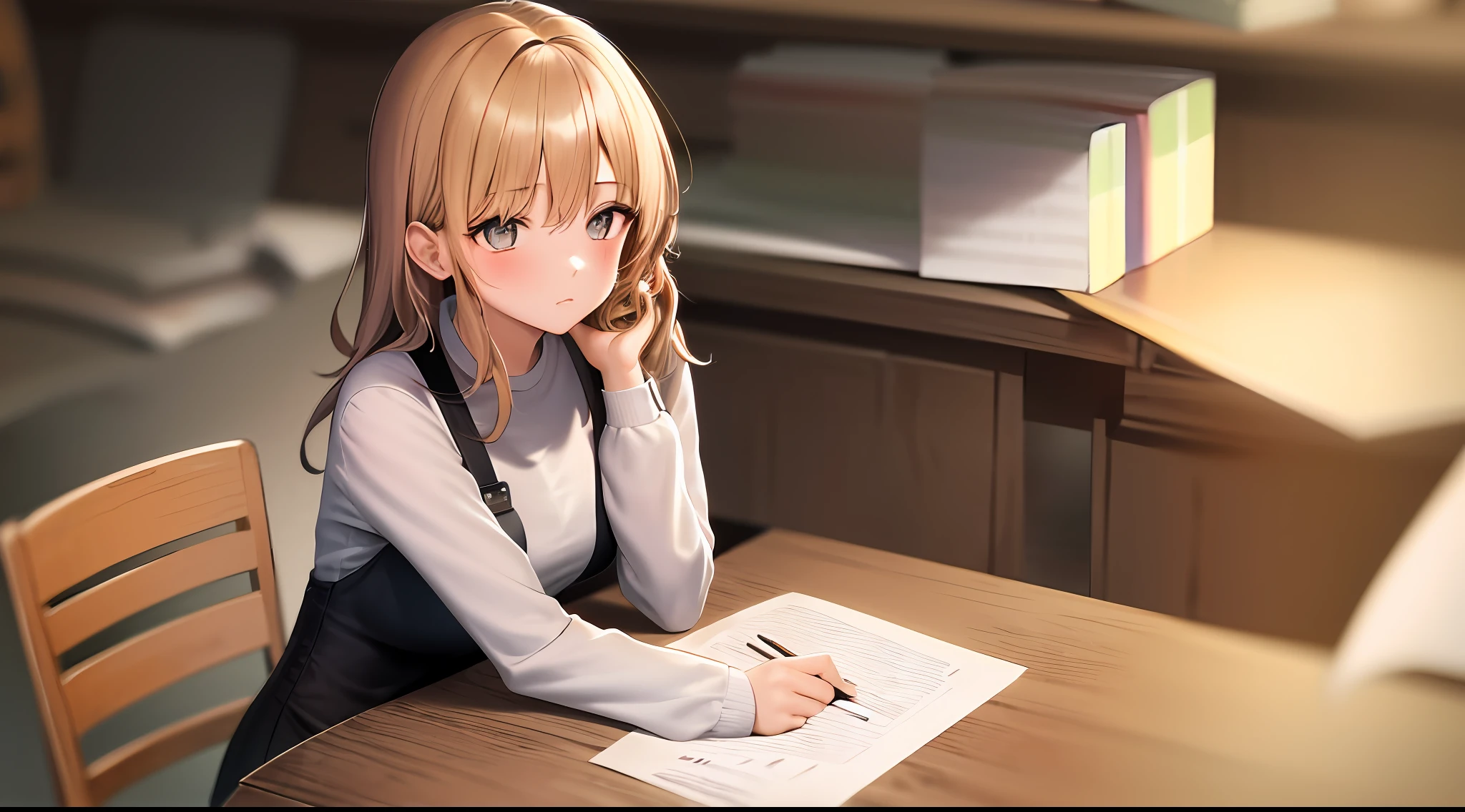 masterpiece, best quality, high resolution, 1girl, shirt, girl sitting on chair studying drafting at desk, horizontal angle, studying, paperwork, medium hair, tired look