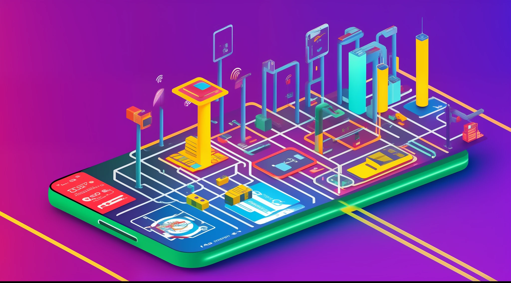 A super modern factory controlled by a technological smartphone, many connected devices, 5G highlight, vibrant colors, intense lighting, IoT icons.