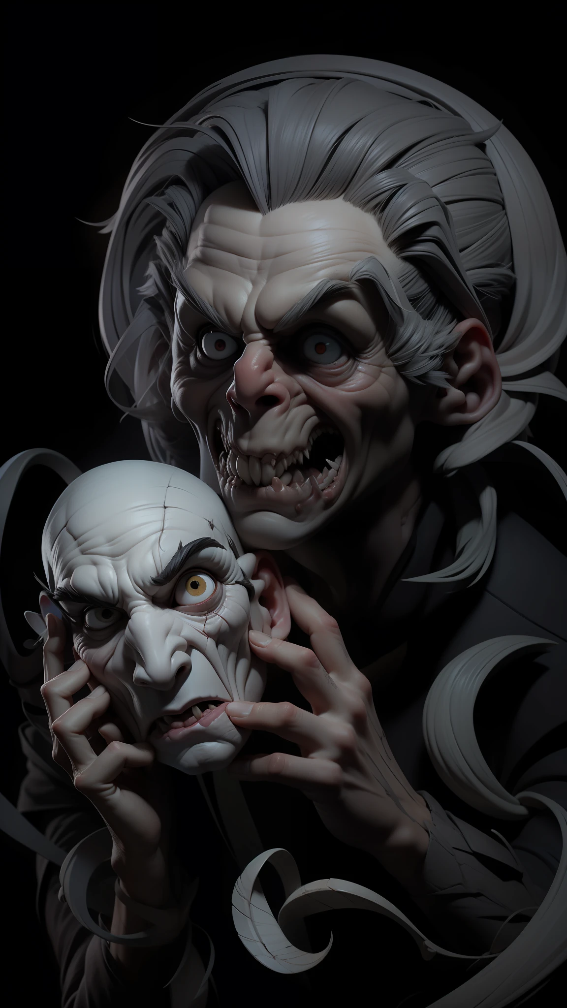 A demon removing a mask mask, snague, bursting veins, horror, terror, pencil sketch, 8k.