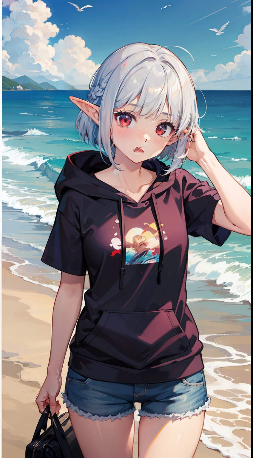 ((Put your hands on your face)), ((surprised)), (Red face), 1 girl's full body, Elf, Silver hair, Red eyes, Bob cut, Braided hair, Hoodie, Short sleeves, Shorts, Sea, Overlooking the ocean, TS, Concept art, Beautiful anime scene, Beautiful anime scenery, Top quality, Masterpiece, 4K