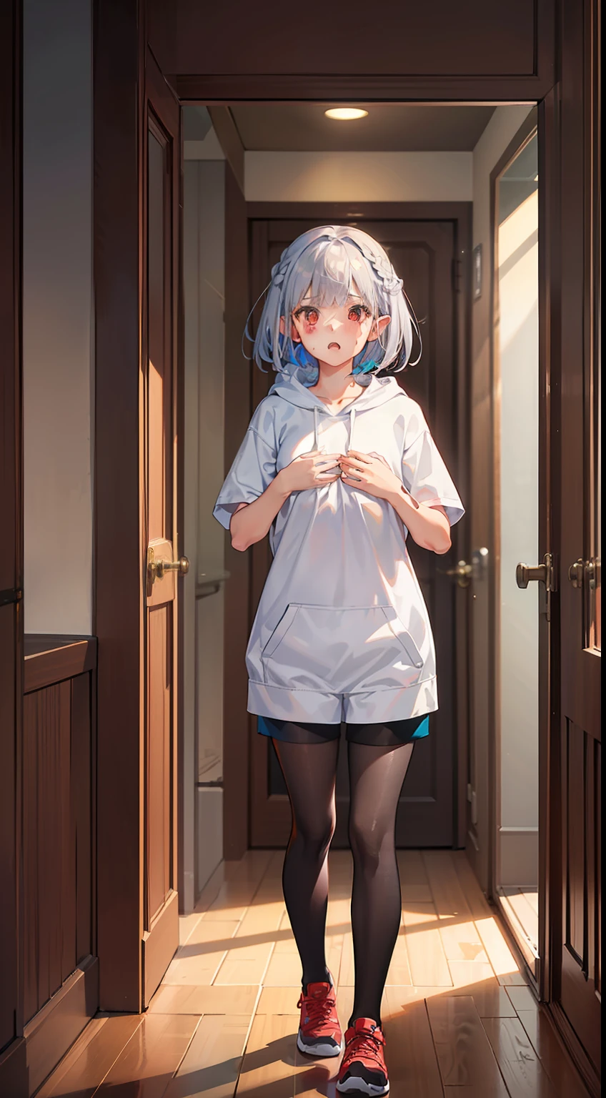 ((Put your hands on your chest)), (surprised)), (Red face), Full body of one girl, Elf, Silver hair, Red eyes, Bob cut, Braided hair, Hoodie, Short sleeves, Shorts, Tights, Indoors, Mirror, TS, Concept art, Beautiful anime scene, Beautiful anime scenery, Best quality, Masterpiece, 4K