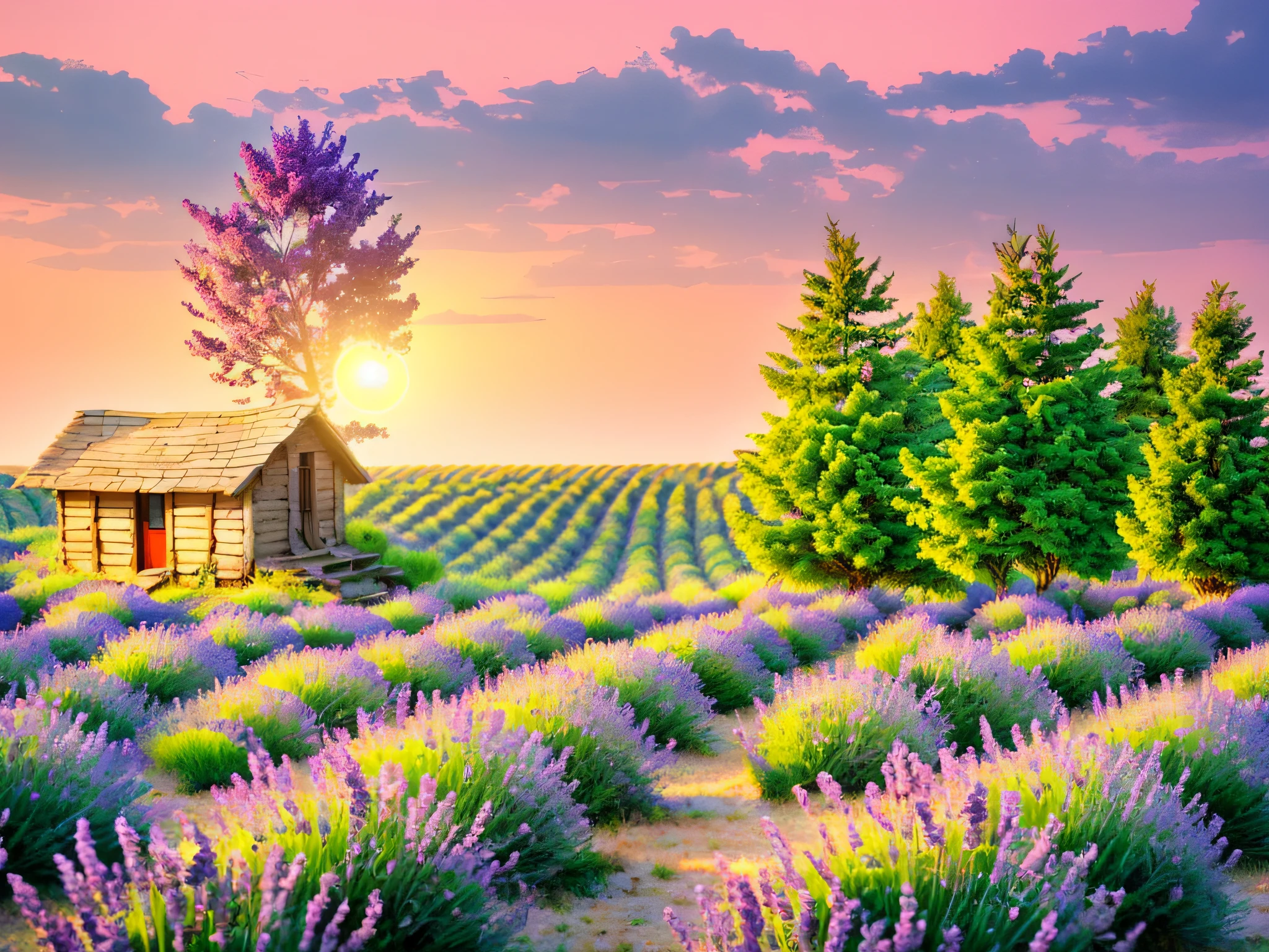 lavender field, small hut, a tree, white sun; pink sky