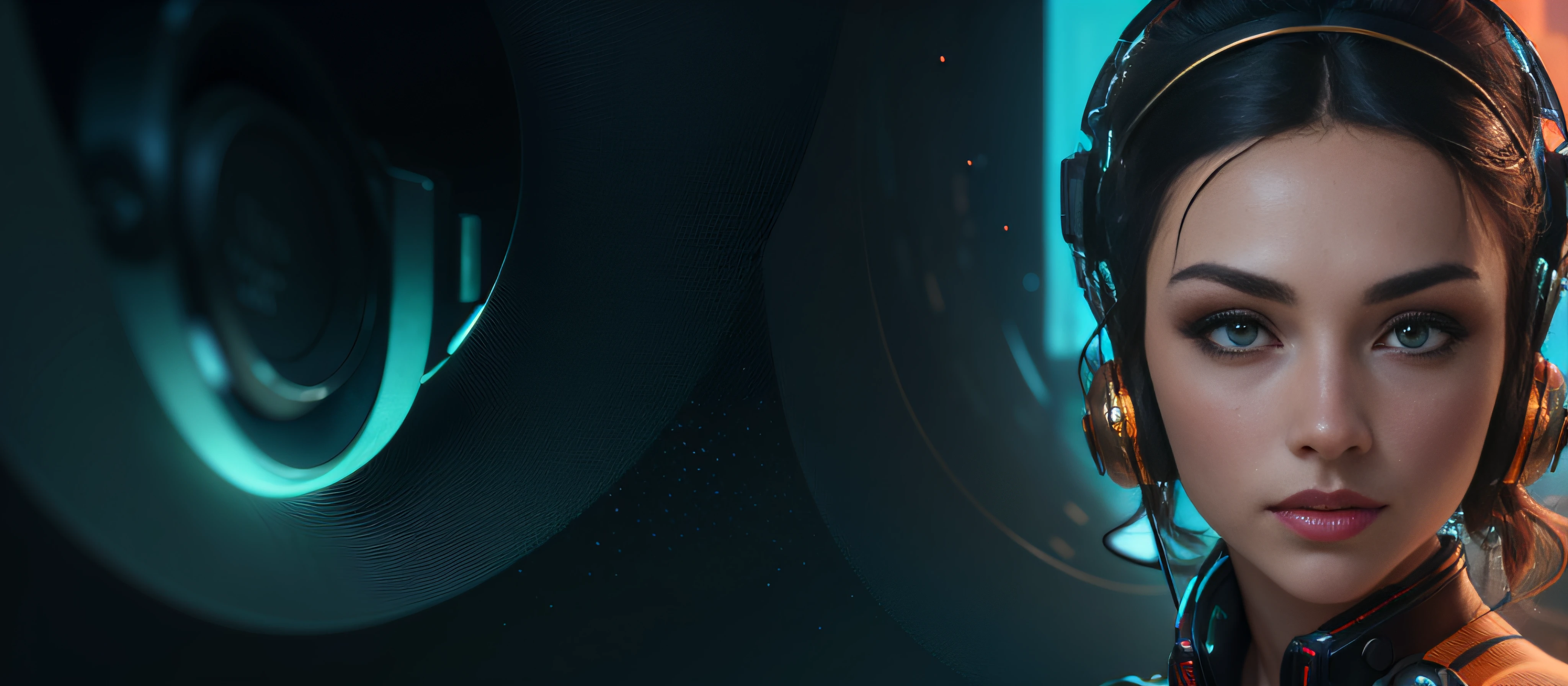 there is a woman with headphones on and a black background, background artwork, highdetailed, on black background, plain background, banner, bronze headset, high quality wallpaper, desktop background, background bar, headphones, high quality portrait, dark backround, background image, headphones on, side portrait imagery, cyberpunk headset, with head phones, artstation 4k, headphones dj rave