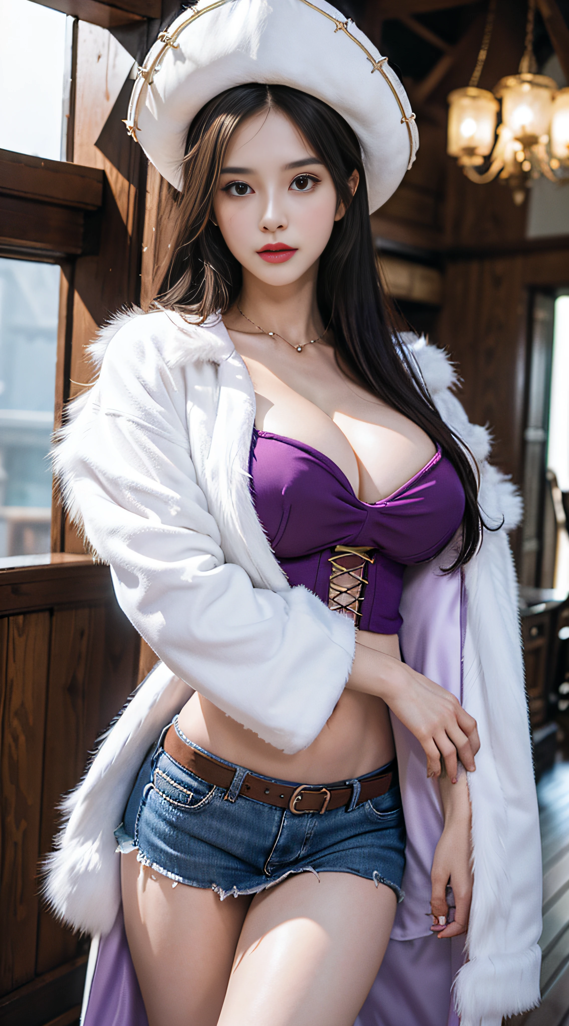 masterpiece, best quality,8k,highestres, absurdres, extremely detailed, nico robin, 1girl, solo, looking at viewer, long silky hair, she wore a revealing cowgirl outfit consisting of a purple cleavage-exposing corset and matching miniskirt, and a white fur-lined coat paired with a white cowboy, pirate ship background,///,