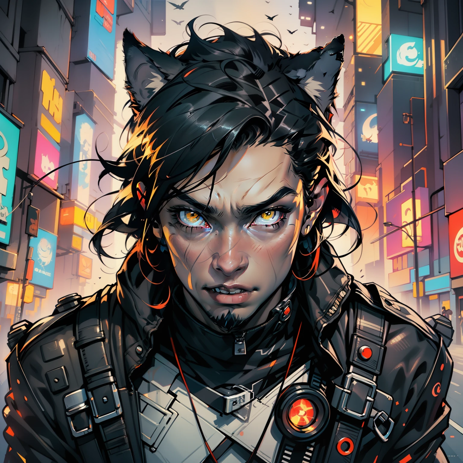 HD, High Quality, 8K, male, yellow eyes, black hair, fangs, wolf's face, fake wolf ears, Solo, Concept Art, Full Growth, Character Design, cyberpunk style, night city on the background, sci-fi, starry night, Digital Art