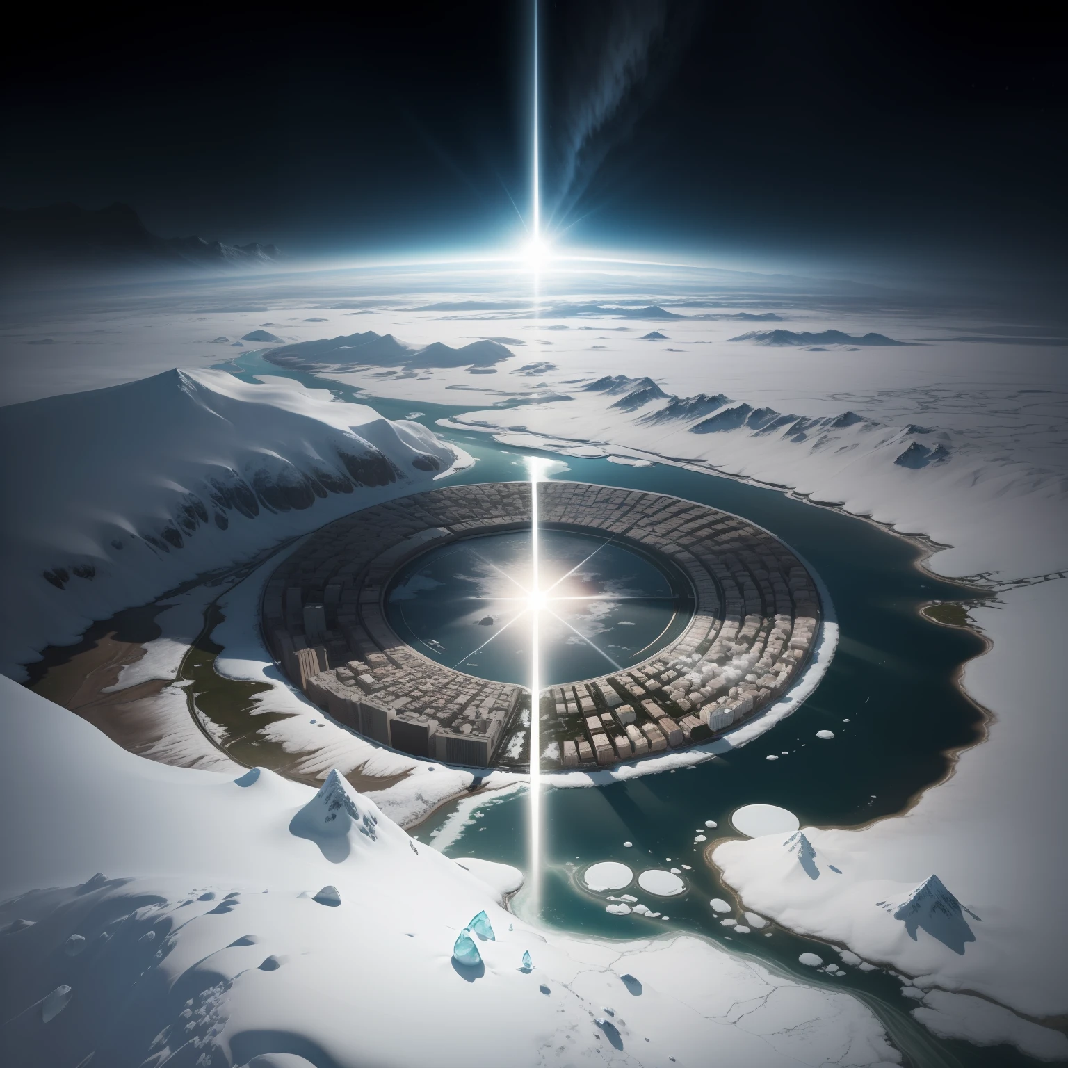 (Masterpiece, Best Quality), High Resolution, (8K Resolution), (Ultra Detailed), Doomsday Scene, the picture depicts a huge world covered in ice and snow, mountains covered under snow and ice, fields covered under snow and ice, and frozen rivers, the city covered in snow and ice in the center of the picture, frozen buildings like crystal artwork reflecting the sun's rays, hyper-realistic, more detailed, low saturation, realism, photo texture