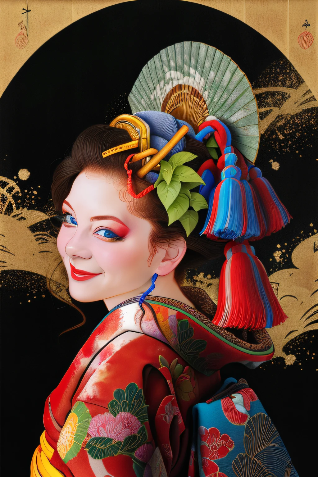 1girl, solo, looking at viewer, smile, blue eyes, black hair, hair ornament, upper body, japanese clothes, kimono, from side, lips, makeup, tassel, rope, eyeshadow, red kimono, shimenawa, kanzashi, hand fan,,