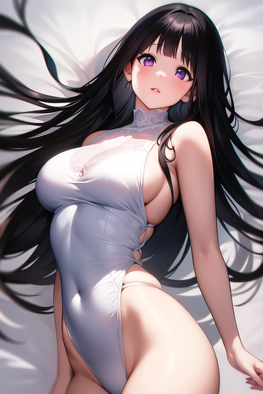 A superb exquisite Chitanda Eru, purple eyes, black hair, natural straight hair, straight bangs, extremely delicate, straight facial features, peerless beautiful girl, soft, sensual, dreamy quality, light white and dark brown, exaggerated facial features, solid color, frank holly, delicate face, bright lips slightly open, slender waist, soft curves, bondage, real light and shadow, super fine, 4k, natural moving, Ultra high resolution