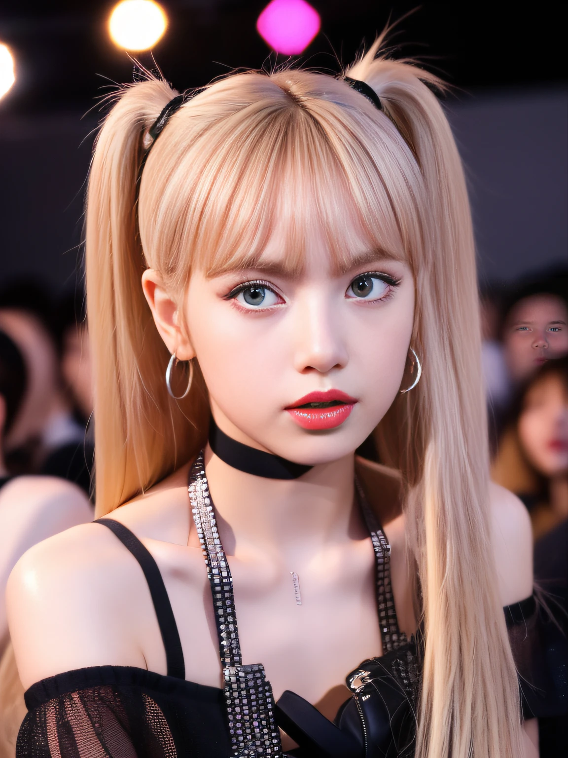 (8K, 4K, Best Quality, Highres, Ultra High Res:1.1), (Masterpiece, Realistic, Photo-Realistic:1.1), 1girl, Face, Close-Up, Twintails, Blonde Hair, Black Eyes, Red Lips, (Looking in Audience: 2), Wearing trendy babes suspenders, open waist, hot pants, long legs, ridiculously long hair, long eyelashes, eye shadow, small face, big eyes, bare shoulders, high contrast,