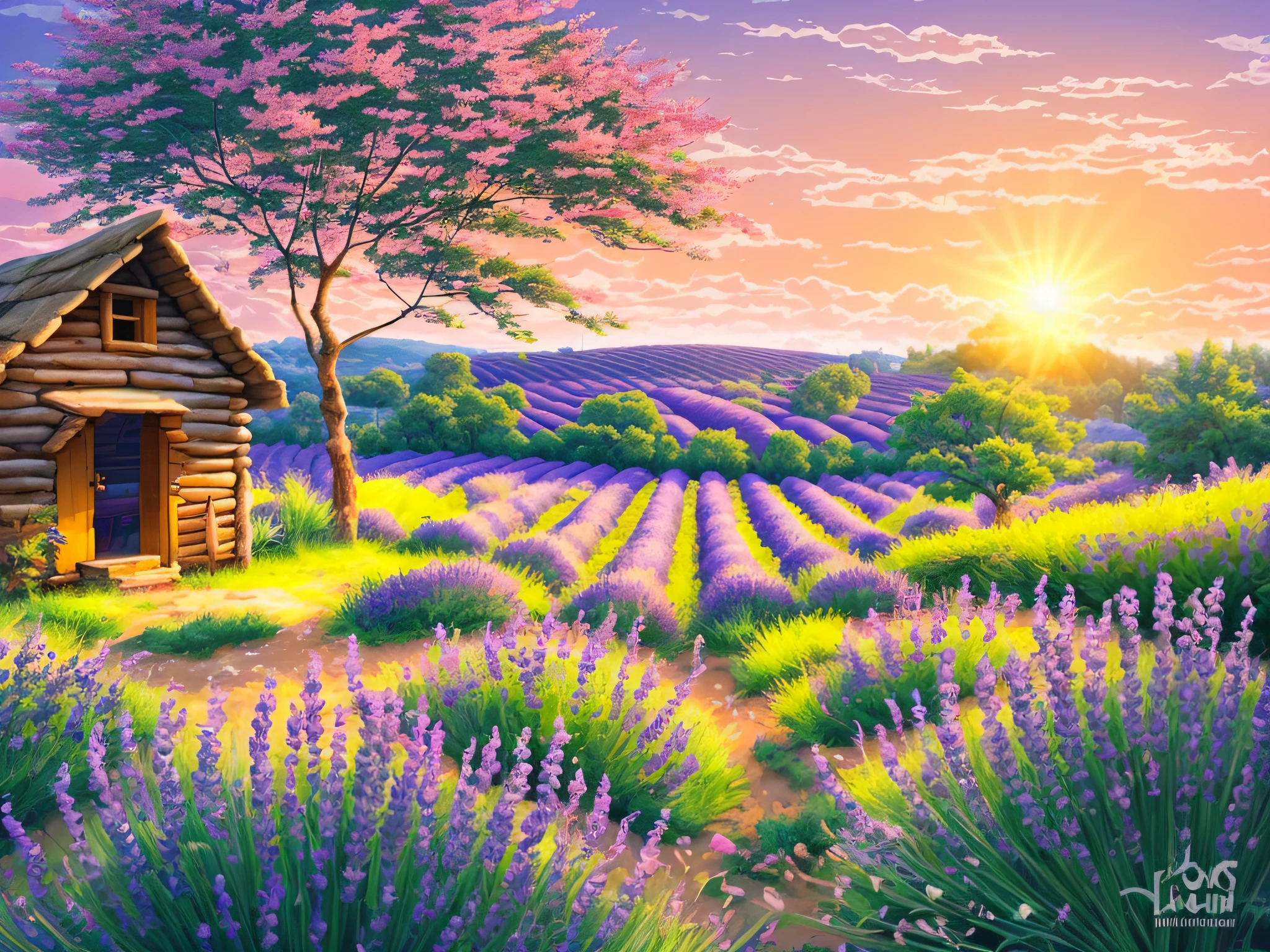 lavender field, small hut, a tree, white sun; pink sky