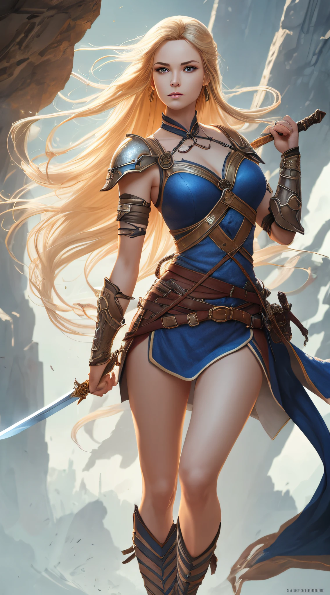 digital illustration of warrior princess, attractive, sword, young barbie like pale and creamy skin, blonde hair, white background, cinematic light, Griffiths and Wadim Kashin Flesh Art, Yoji Shinkawa, Peter Draws, beautiful heavenly face, detailed blue eyes, perfect anatomy, nature hand poses, nature leg poses, approaching perfection, dynamic poses, luminism,  highly detailed, character sheet, sharp focus, full body photo, 8k UHD, masterpiece, ultra fine details, --auto