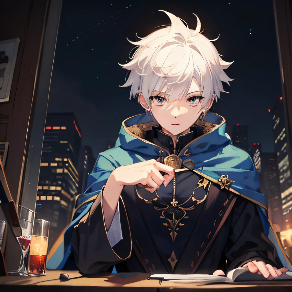 masterpiece, best quality, illustration, 1boy, expressionless, night sky, cute, wizard, spiked hair, white hair, sit