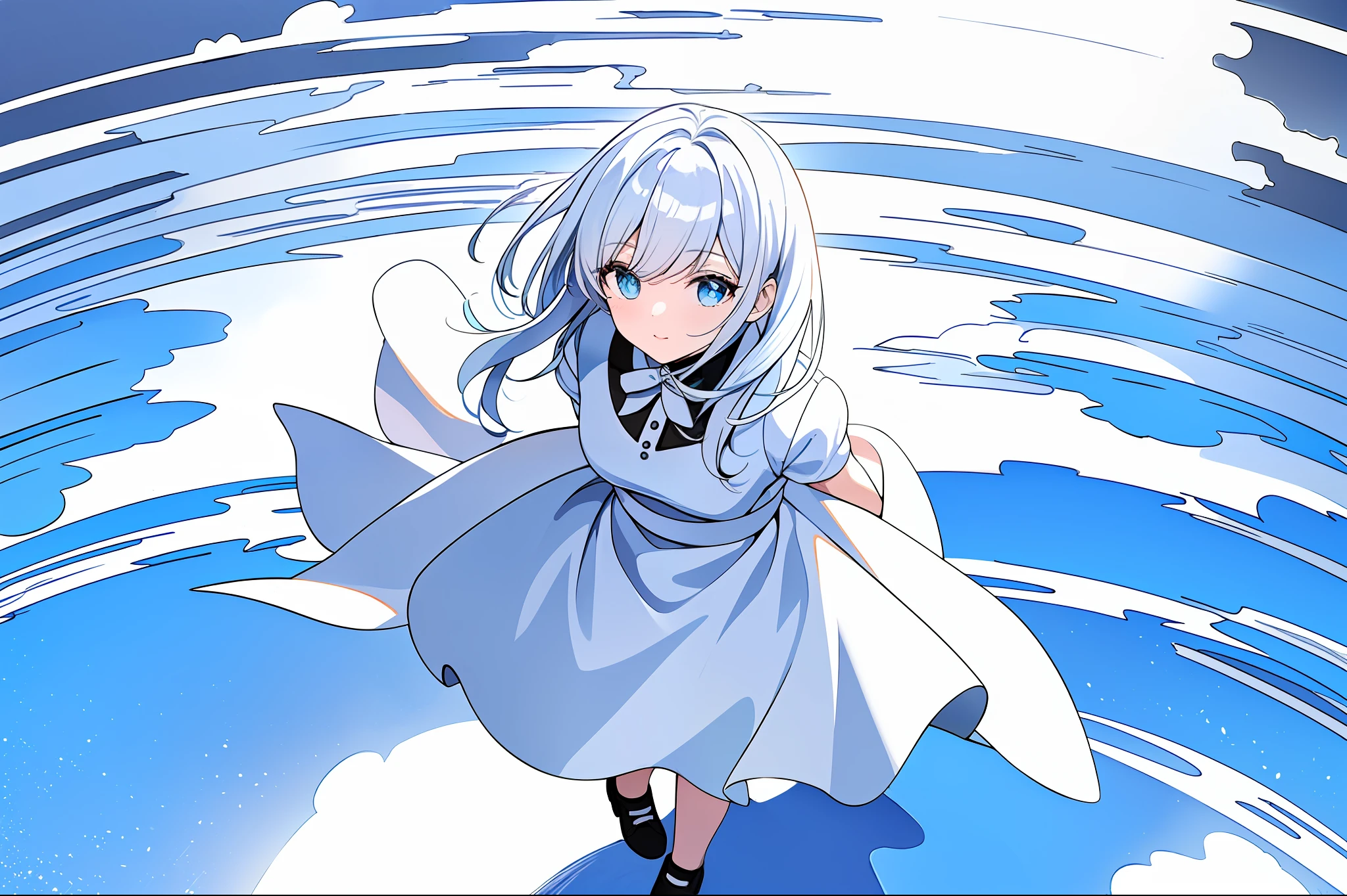 masterpiece,(best quality),(1girl) ,solo,(high contrast:1.2),(high saturation:1.2), ((hands on the pocket)),((black and white sdress)),looking at viewer,((white and light blue theme:1.3)),((white and light blue background:1.5)),white hair,blue eyes,((walking:1.3)),full body,black footwear,((the light blue water on sky and white cloud and day)),((from above:1.2)),Ink painting