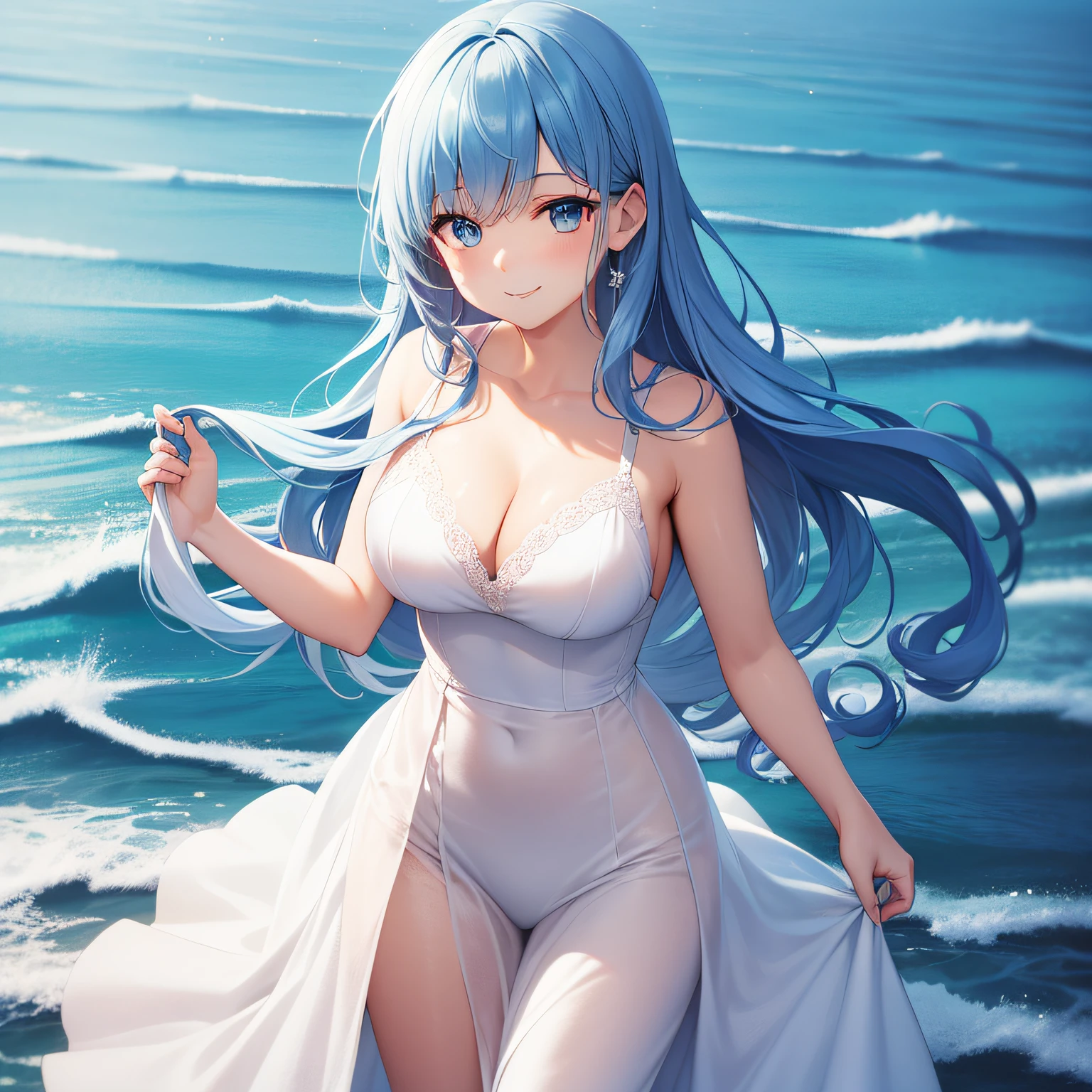 top quality, very delicate and beautiful, late twenties, gentle, busty, (blue hair like the sea), white dress, blue eyes, standing, smile,