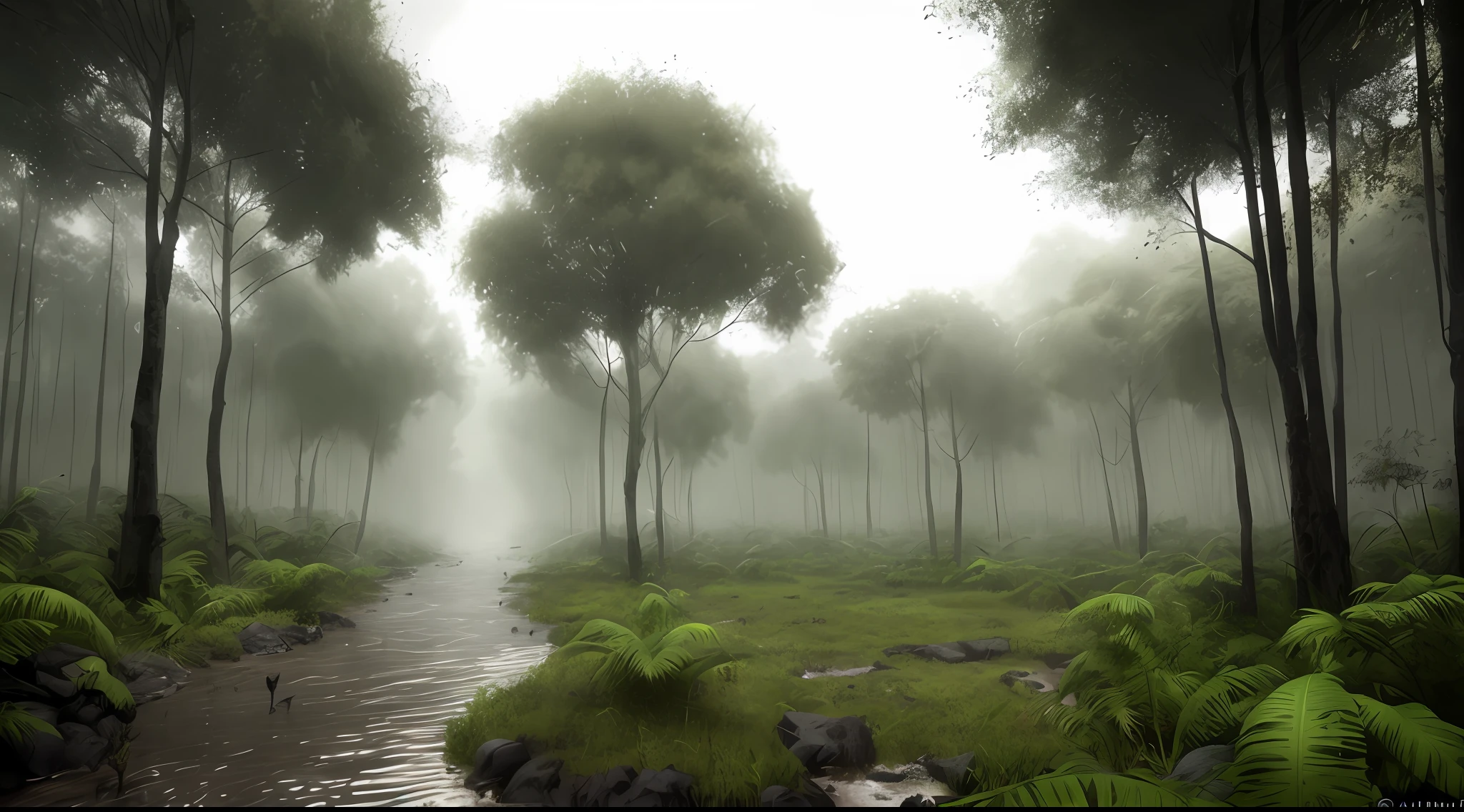 A humid tropical jungle, with heavy rain, monochrome, vines all around, giant wet trees, masterpiece, best quality, high quality, 8k CG wallpaper, extremely detailed, oil painting, award winning photography, Bokeh, Depth of Field, HDR, bloom, Chromatic aberration, photorealistic, extremely detailed, trending on artstation, trending on CGsociety, intricate, high detail, dramatic, mid-journey art, volumetric lighting.