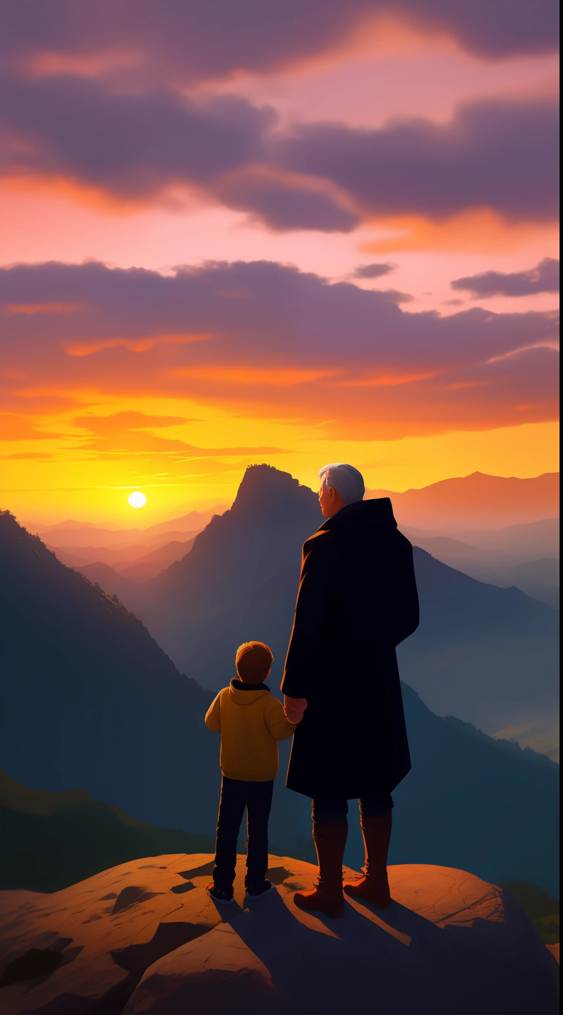 Father and son child, in close-up on the top of the mountain at sunset and a beautiful valley, fantasy image, 4k