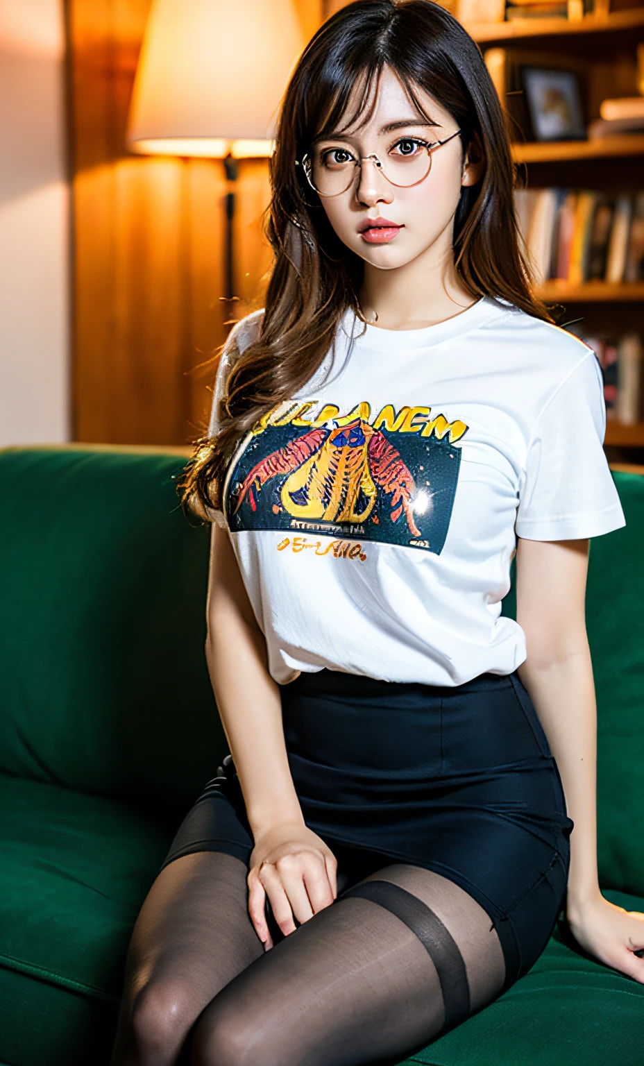 beautiful detailed girl, very detailed eyes and face, beautiful detailed eyes, ridiculous, incredibly ridiculous, huge file size, super detailed, high resolution, very detailed, best quality, masterpiece, ((t-shirt)), illustration, very detailed, CG, unified, 8k wallpaper, amazing, fine details, interior, sitting on sofa, masterpiece, best quality, very detailed CG uniform 8k wallpaper, face light, movie lighting, 1girl, , long white hair, Side splits, (big breasts), (no panties)), (glasses), (dynamic pose), (sexy pose), ((camel toe))), (half), (pantyhose), (black hip skirt)), (((bent knees))