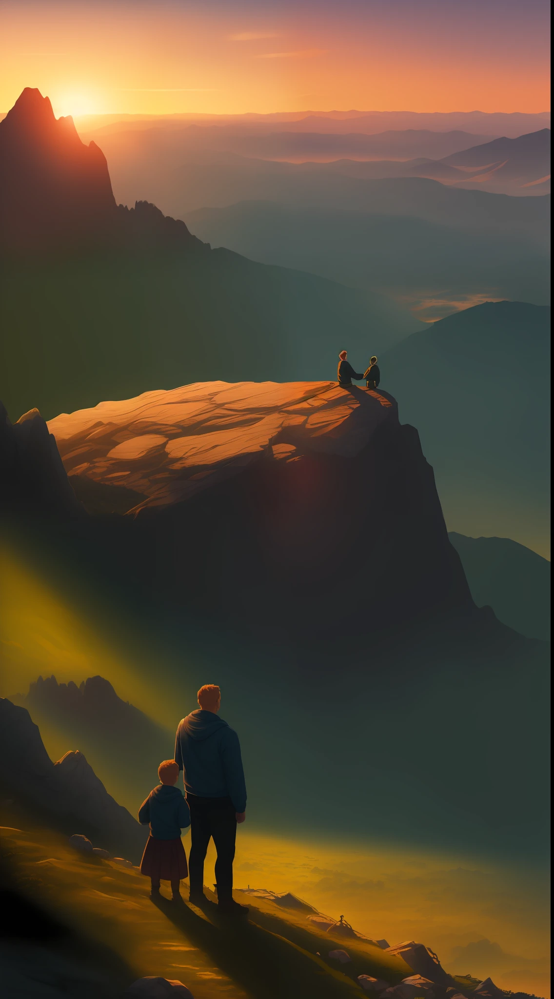 Father and son child, in close-up on the top of the mountain at sunset and a beautiful valley, fantasy image, 4k