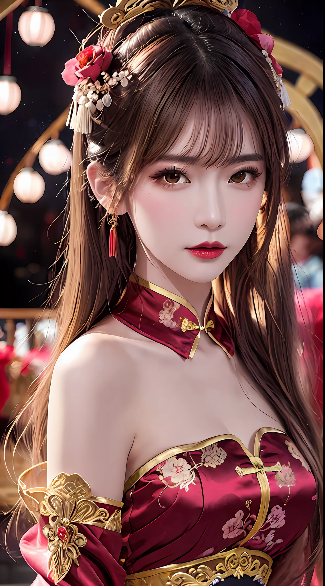 Woman wearing red and gold dress, flower background, palace, hanfu girl, wearing red cheongsam, chinese style, with ancient chinese costume, wearing ancient chinese costume, traditional beauty, Chinese Traditional, chinese girl, cheongsam, chinese costume, chinese princess, hanfu, chinese traditional clothing, chinese costume, 1 27-year-old girl, 1 zodiac goddess from the future, goddess of the pink and purple 12 zodiacs, the goddess of the zodiac in a yellow ao dai, a 12 zodiac ao dai with many black lace detail, mythology Goddess of the 12 zodiacs from the future, zodiac ♏, luxurious glittering zodiac style, dark and mysterious version, zodiac crown, lipstick lips red, thin and beautiful lips, mouth closed, characters made by karol bak and pino daeni, intricate detail, detailed background, extremely detailed, light magic, a woman, clear face, hair long with bangs, beautiful face in detail and well-proportioned eyes, (transparent yellow eyes: 1.8), big round eyes and very beautiful and detailed makeup, foresight, silk dress, mysterious makeup , double bangs and dyed light blonde , upper half portrait, zodiac goddess portrait, arms hanging loosely, Realistic and vivid photo, (stars make up the zodiac: 1.7), (sky background zodiac and fictitious space and time portal: 1.8), fiction art, RAW photo, hanfu picture, best photo, best photo quality, 8k quality, 8k ultra, super realistic, real photo most economical, the goddess poses sexy and seductive,
