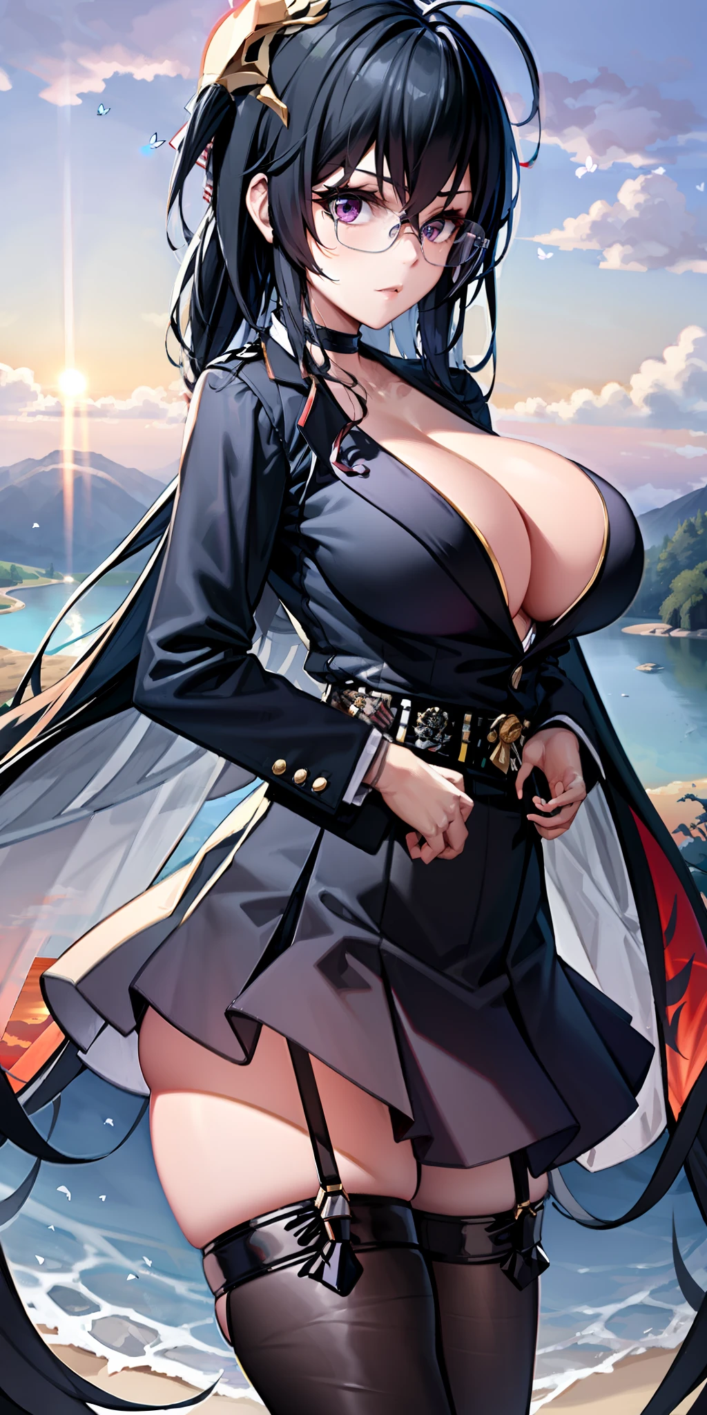 1 girl, masterpiece, (Shinobu Kojo) (best quality: 1.2), (Shinobu Koshu), colorful hair, purple eyes, black jacket, black skirt, uniform, white haori, Japanese costume, multiple butterflies, buttons, belt, lake, sunset, lens halo, perfect lighting, highest quality, hands behind the back, slender thighs, large breasts, longing