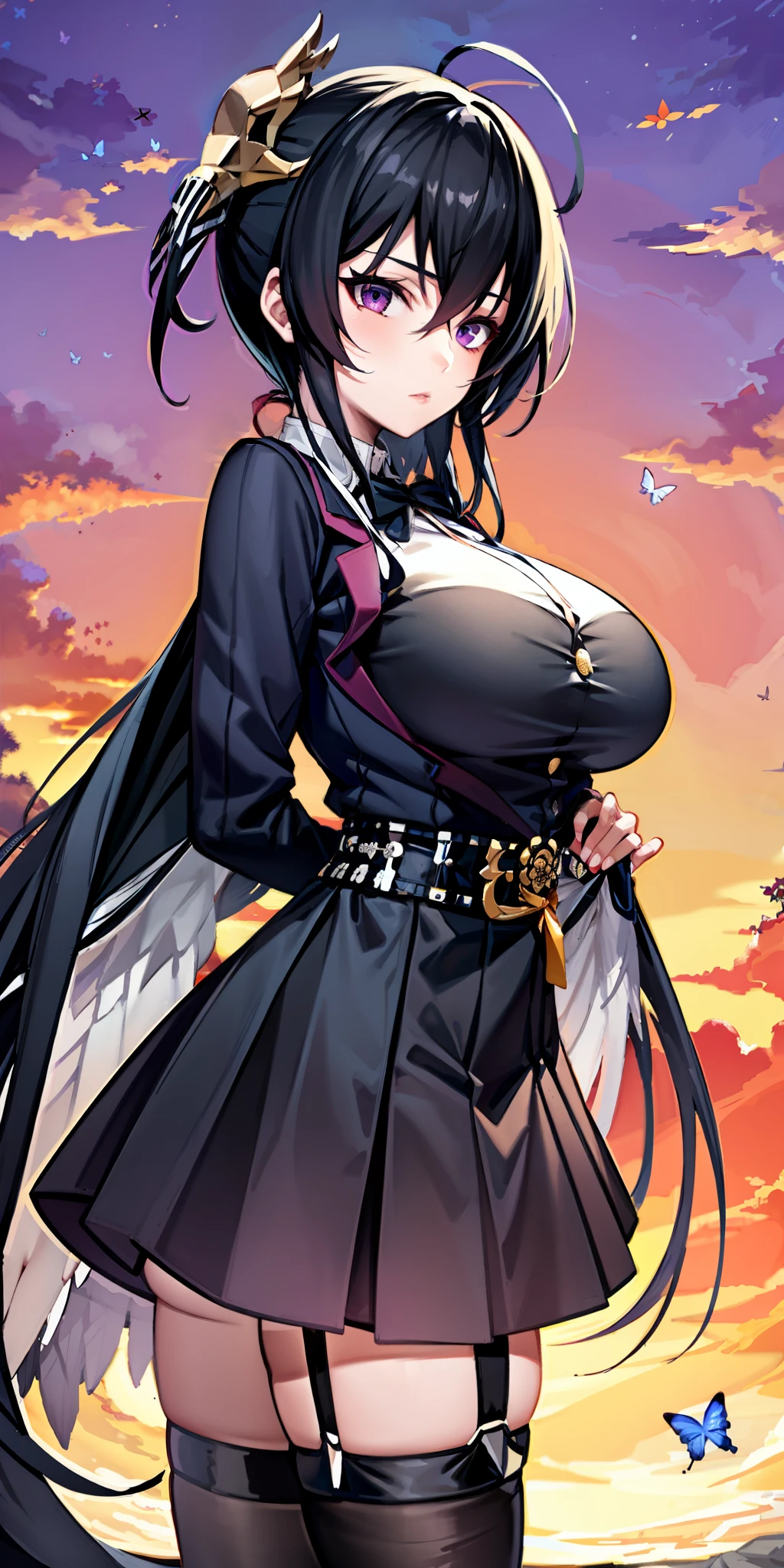 1 girl, masterpiece, (Shinobu Kojo) (best quality: 1.2), (Shinobu Koshu), colorful hair, purple eyes, black jacket, black skirt, uniform, white haori, Japanese costume, multiple butterflies, buttons, belt, lake, sunset, lens halo, perfect lighting, highest quality, hands behind the back, slender thighs, large breasts, longing