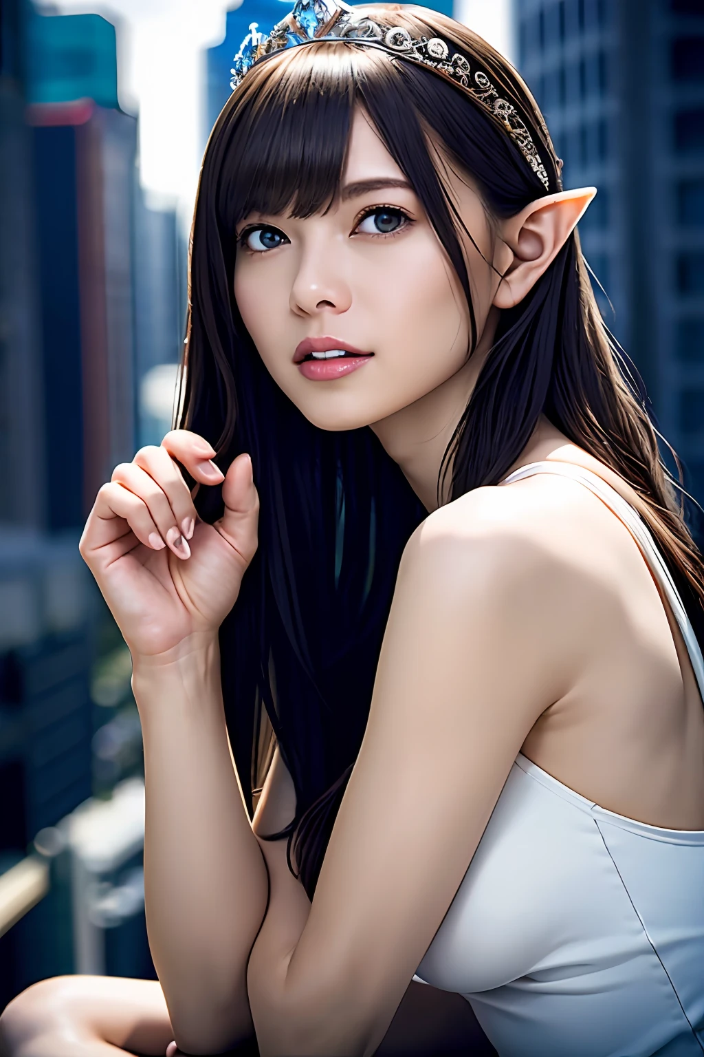 Ultra-detailed complex 3D rendering of the face, (Colossal: 8.8), (masterpiece, top quality, octane rendering, 8K), glamour shot full body image, very beautiful young elf, cleavage, (very detailed skin: 1.2), (exposure: 1.1), (blonde elf)))), (wearing a plummeted tank top of white silk: 1.5)), , Beautiful Caucasian woman with big buttocks full soft breasts and white skin, one, long braided hair, big breasts, dynamic angle, mystical expression, ultra-realistic photos, (((((portrait)))), bare feet, futuristic urban background, facial muscles, detailed and beautiful queen tiara, in the style of Marvel Comics, ArtStation trends, clear focus, studio photography, intricate detail, highly detailed, detailed yellow eyes, sharp focus, digital rendering, professional, abs, shot with Canon EOS R 6, natural jungle, open mouth lightly (sexy pose))),