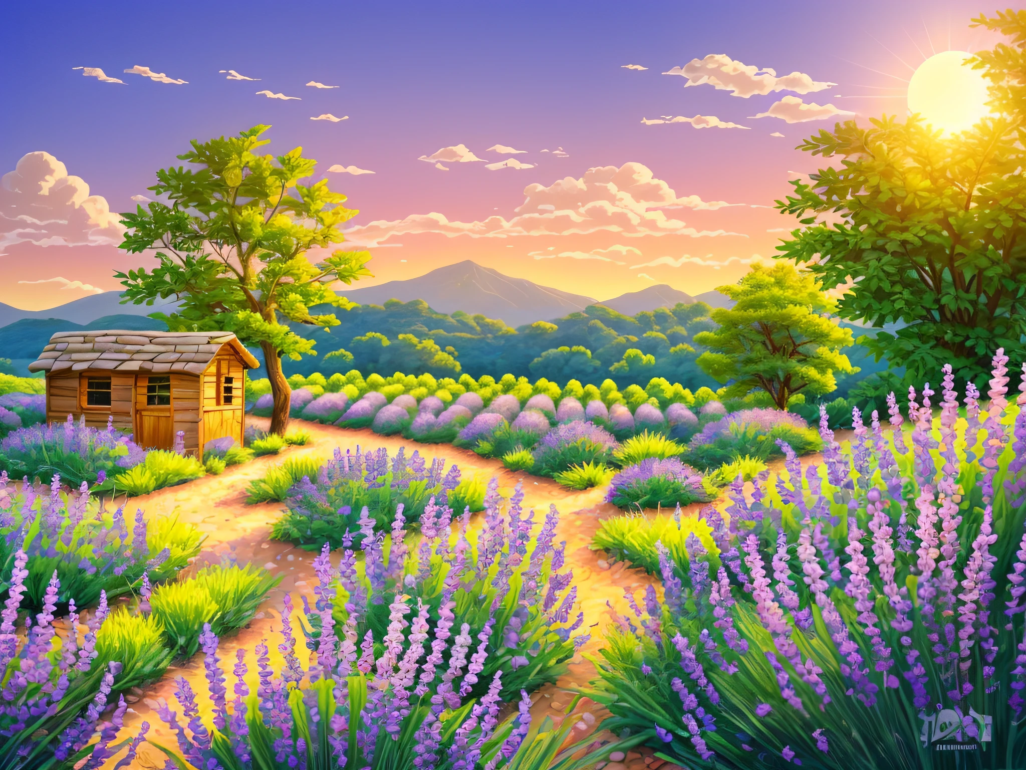 lavender field, small hut, a tree, white sun; pink sky