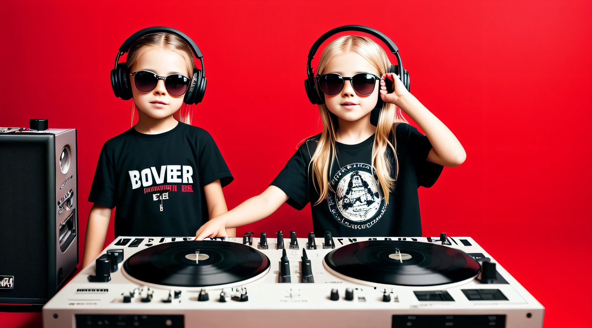  CHILD BLONDE LONG HAIR, in sunglasses holding a boombox and pointing with his hand, boombox, music guy, ghetto blaster, on a red background, playing to music, on red background, dj, very low quality picture, red sunglasses and a guitar, big ghetto blaster, with headphones, music is life,  new music, vibrating with music