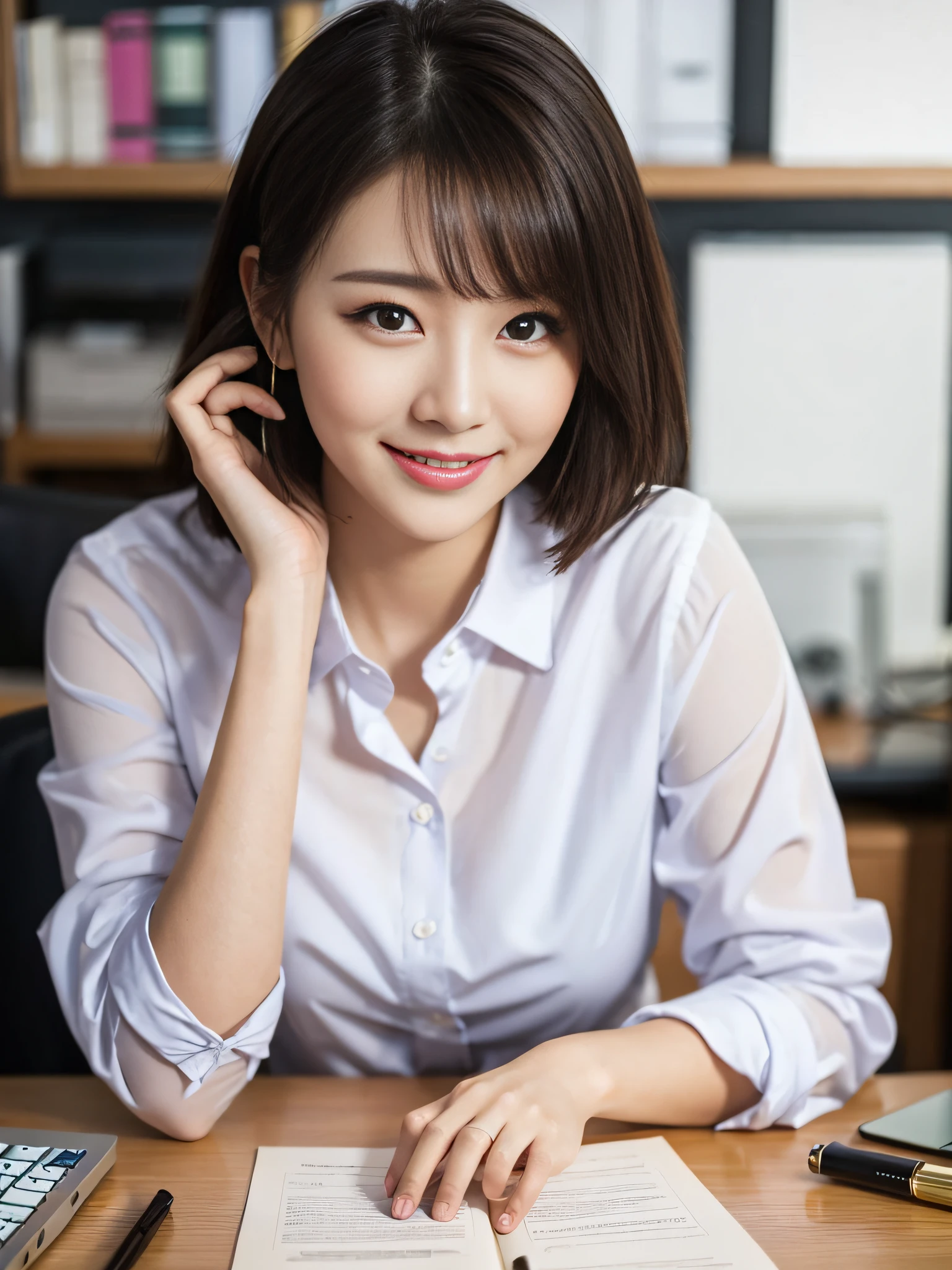 Working at Desk, High Quality, Ultra Realistic, Short Cut, Office Lady, Smart Formal, Makeup, Smile, Beautiful Eyes, Beautiful and Accurate Face, Beautiful Hands, Office Background