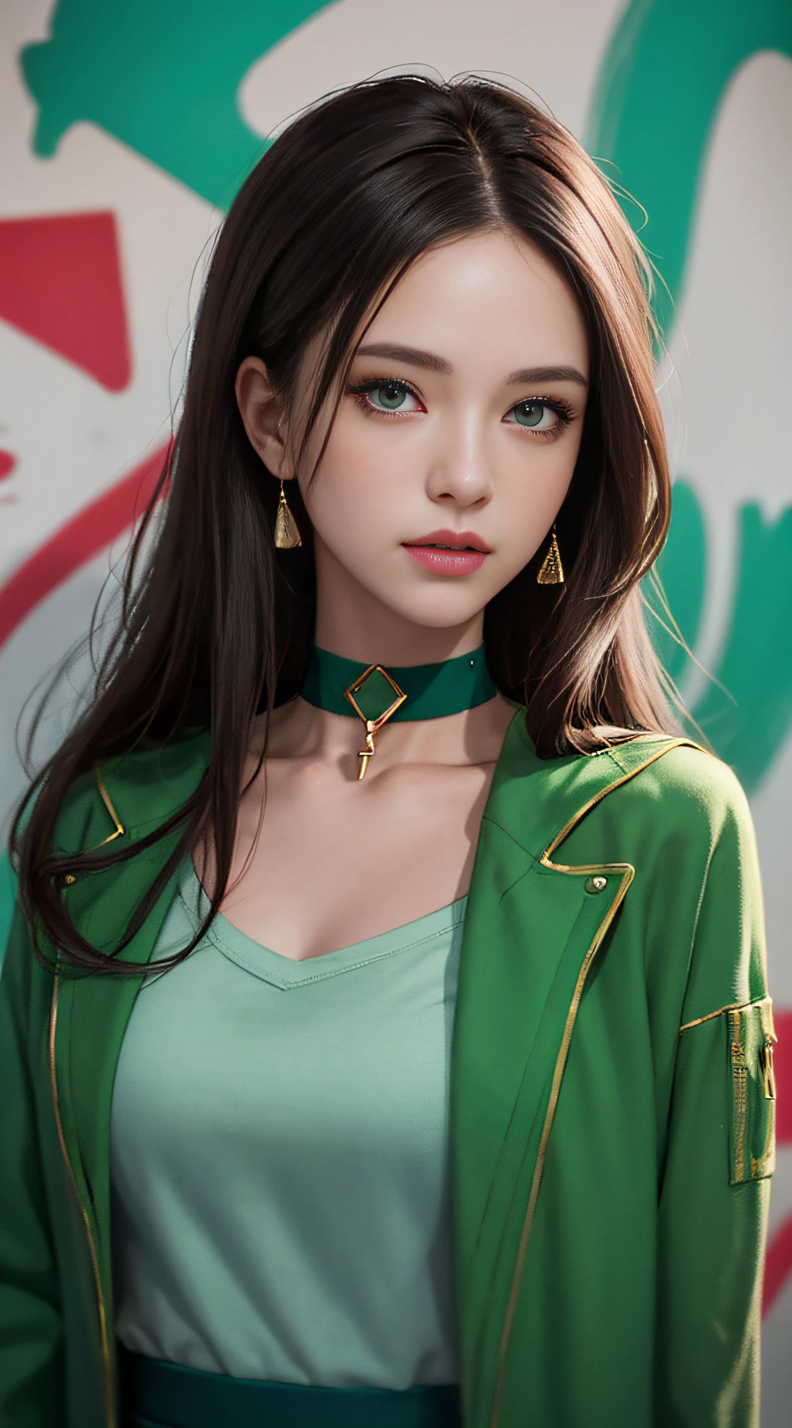 (masterpiece, best quality, 1girl, solo, fine detail, chromatic aberration), realistic, (medium breath)), long hair, sharp eyes, choker, open coat, (symmetrical eyes), (perfectly symmetrical body), graffiti, solid color background, looking at the viewer, guvez style artwork, realistic art style, woman posing for photo in green coat and green pants