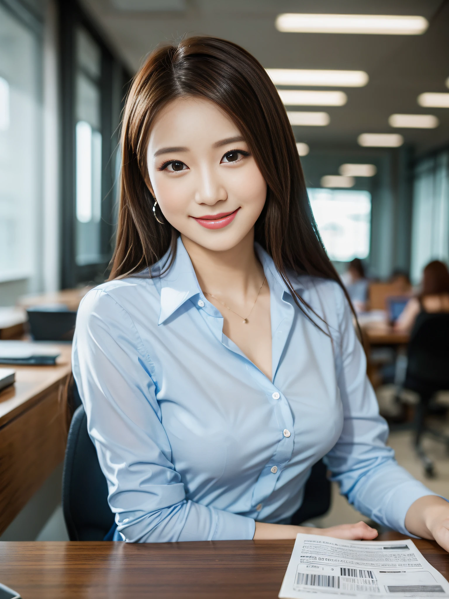 BOSS, working at a desk, high quality, ultra-realistic, shortcut, office lady, smart formal, makeup, smile, beautiful eyes, beautiful and accurate face, beautiful minion, office background