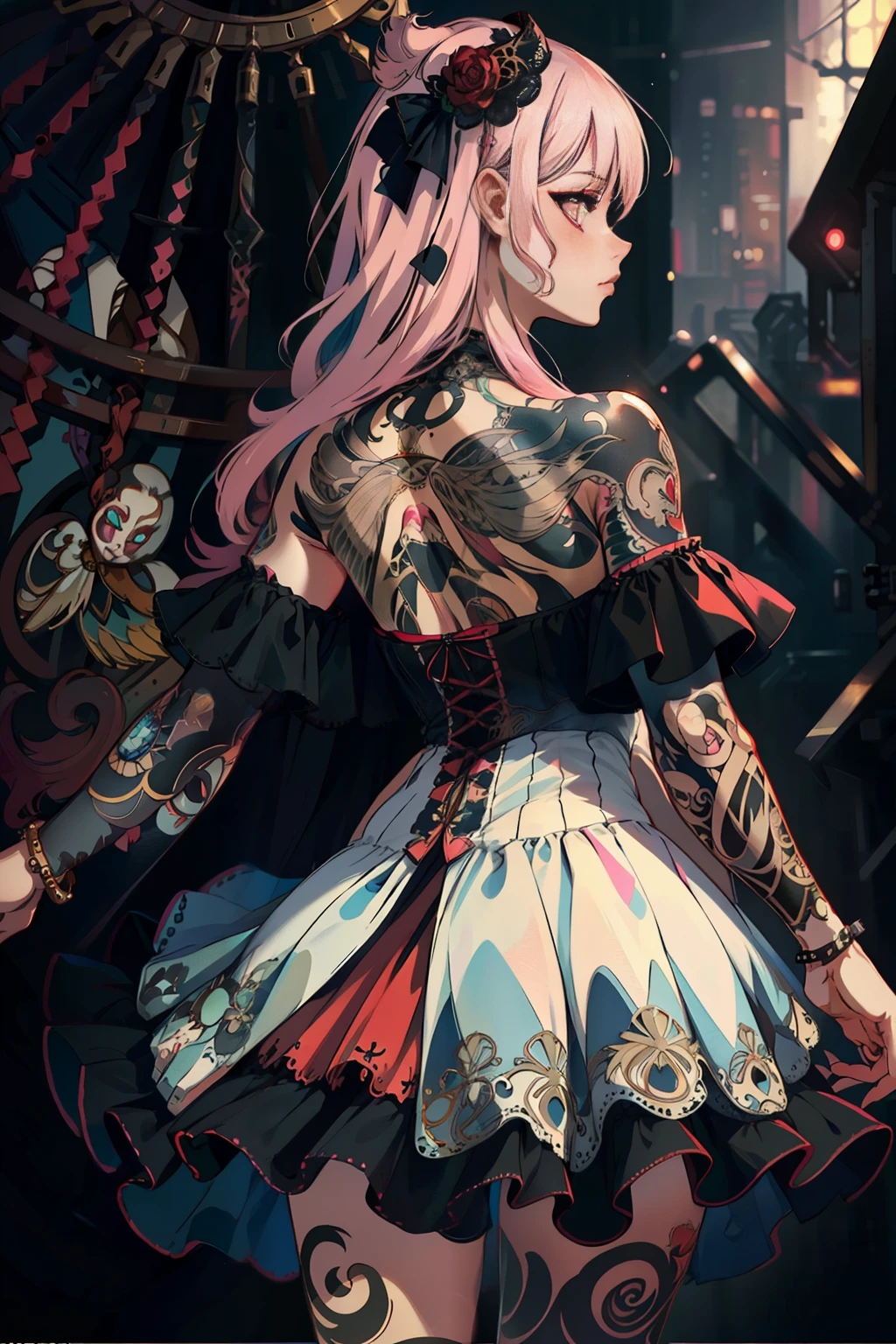 PastelGothAI dress, off-the-shoulder, tattoo, irezumi, PastelGothAI background, Ultra-realistic 8K CG, masterpiece, ((ultra-detailed background, delicate pattern, intricate details)), best quality, intricate details, 1girl, solo, long hair, messy hair, sharp eyes, cleavage, from behind