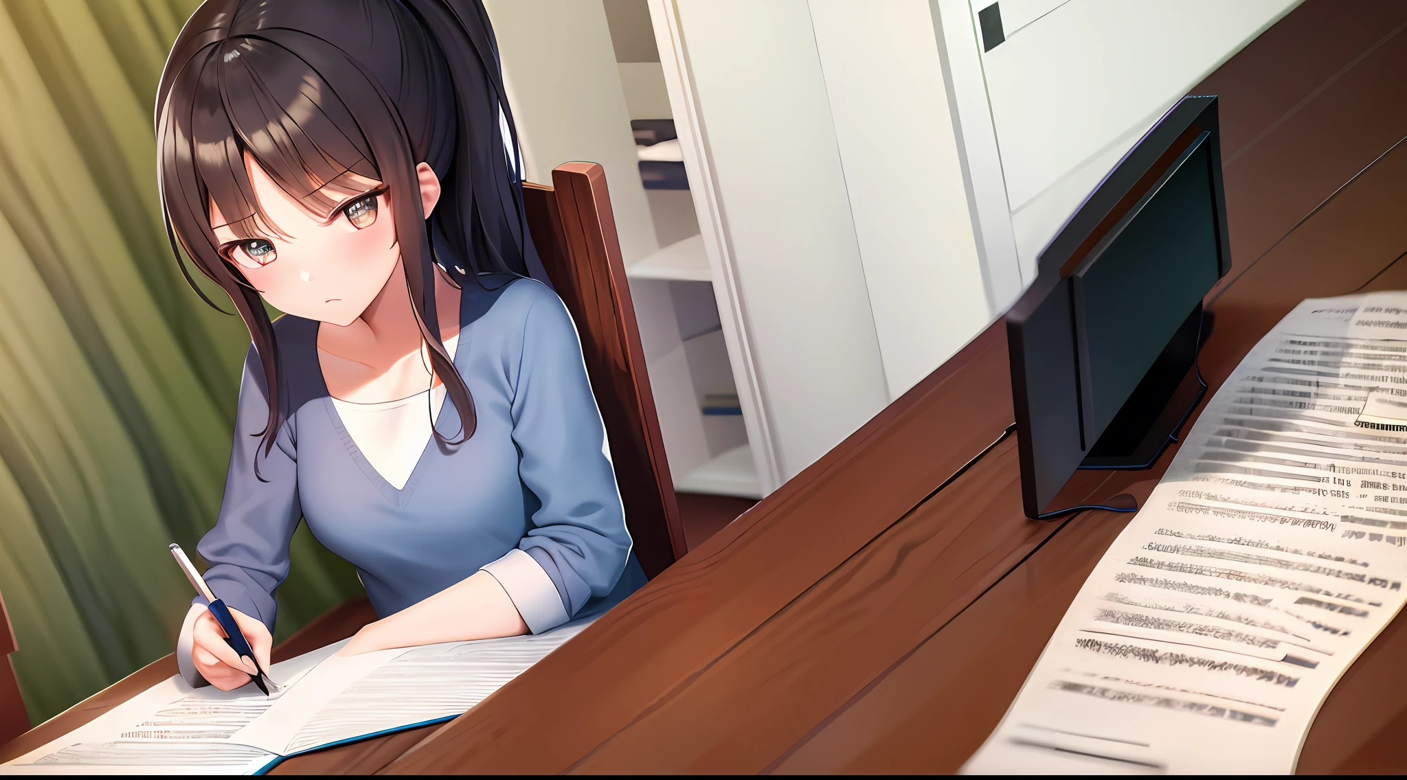 masterpiece, highest quality, high resolution, 1girl, shirt, girl sitting on chair studying drafting at desk, horizontal angle, studying, paperwork, high ponytail, troubled expression