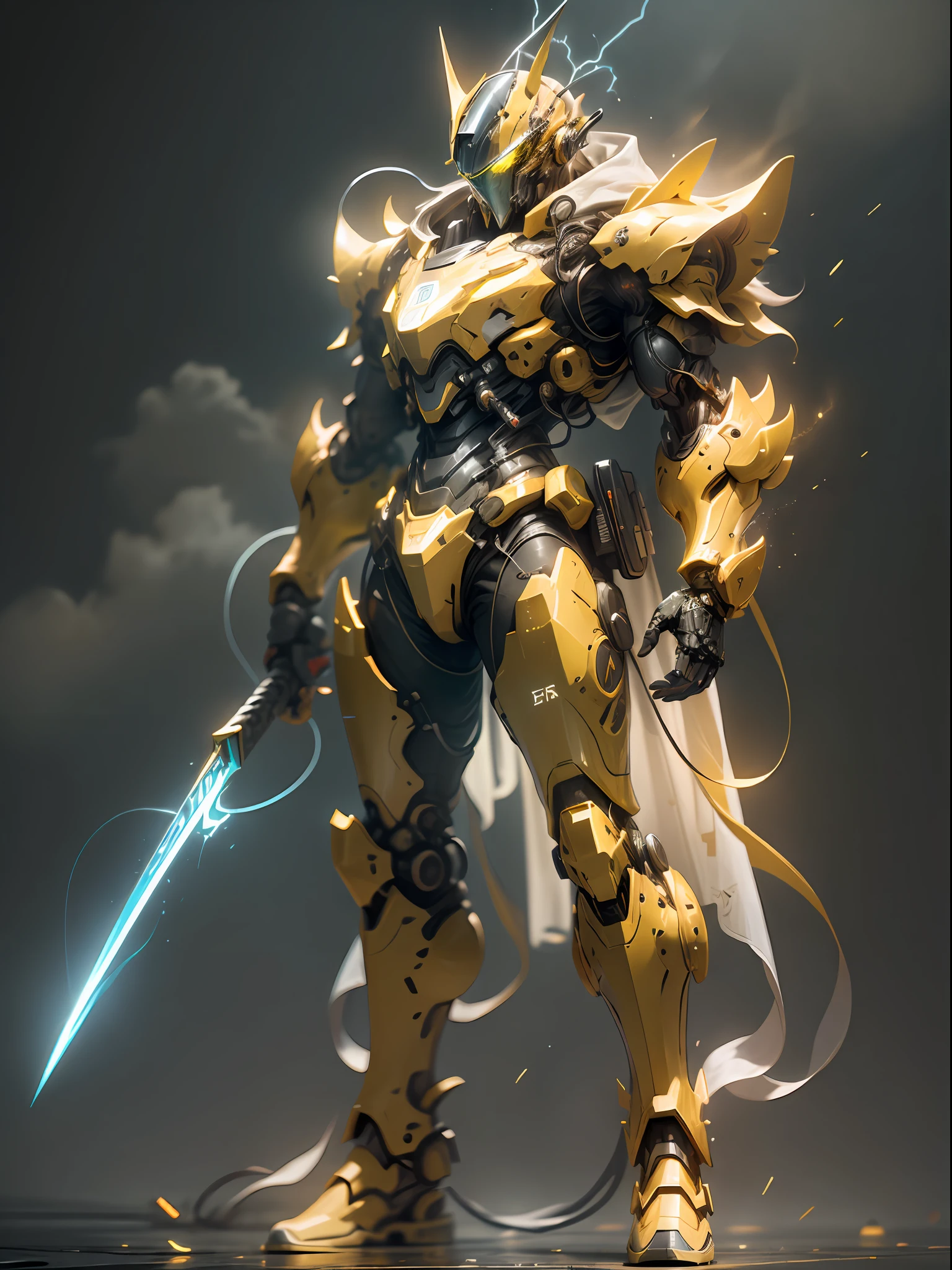 Golden Ghost Hunter, Super Cool Ghost Killer, Wearing Yellow Mechanical Armor, Lightning Surrounding, Katana Handheld, Standing Frontal, Perfect Body Proportions, Super Detail, Realistic, Shiny, Reflective, Bioluminescence, Galactic Cybernetic Mask, Mecha, (Executioner: 1.2), Cloak, SH4G0D, GlowingRunes_red, Full Body, Movie, Dark Background, Backlit, High Contrast,