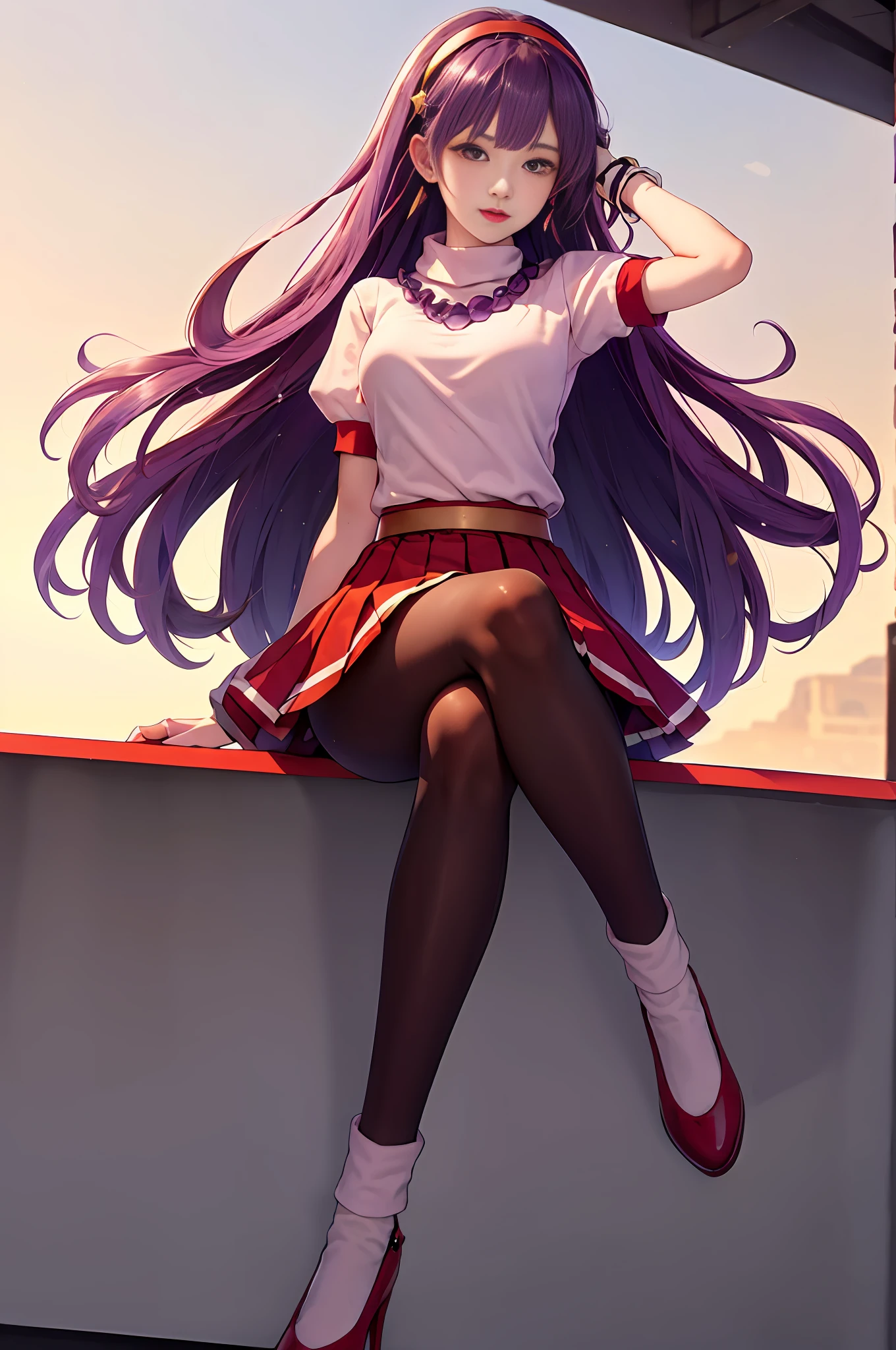 (Masterpiece, Top Quality, Best Quality, Official Art, Beauty and Aesthetics: 1.2), (1 Girl: 1.3), (Fractal Art: 1.3), Solo, Athena 97, Seated, crossed legs, beautiful legs, purple eyes, purple hair, long hair, earrings, red headbands, star hair accessories, red shoes, (white socks: 1.3), medium braid, red convertible, white turtleneck sweater, white fluffy sleeves, short sleeves, red pleated skirt, crimson pantyhose, yellow belt, Spherical necklace, (outdoor), sunlight, cosplay photo, (cinmatic:0.4), street simple background with hands behind the head