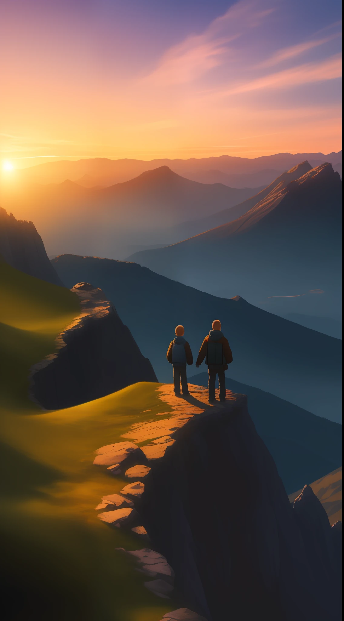 Father and son child, in close-up on the top of the mountain at sunset and a beautiful valley, fantasy image, 4k