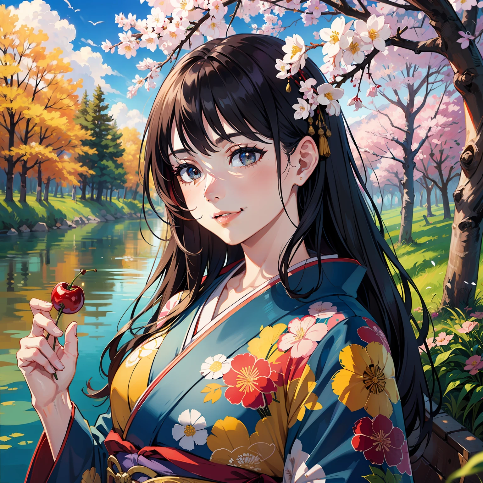 Close-up, upper body, (Real: 1.3), Fine details, Quality, Rembrandt lighting, (Masterpiece:1.2), (Photorealistic:1.2), (Best Quality), (Detail skin:1.3), (Intricate details), Dramatic, Ray tracing, 1 girl, Japan girls, Smile, Updled hair, 21 years old, Middle chest, (Colorful kimono:1.2),(Japanese:1.2),(Floral),(Long sleeves), (cherry tree, river, spring, sun, clouds, walk, nature, forest),Turning around, hands not depressed