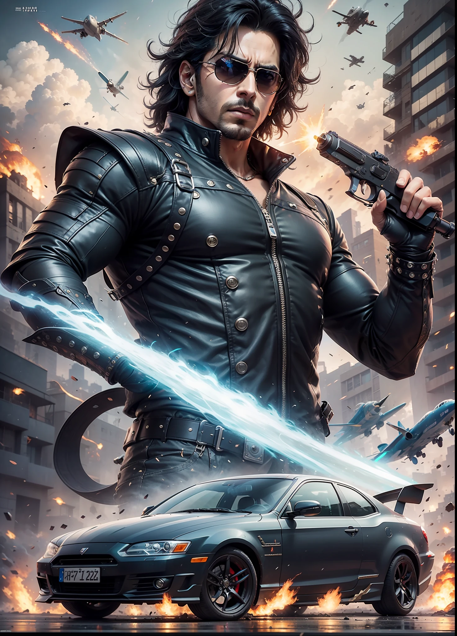 Movie poster krrish, sunglasses, rivets, explosions, guns, cars, planes, one person, full body.