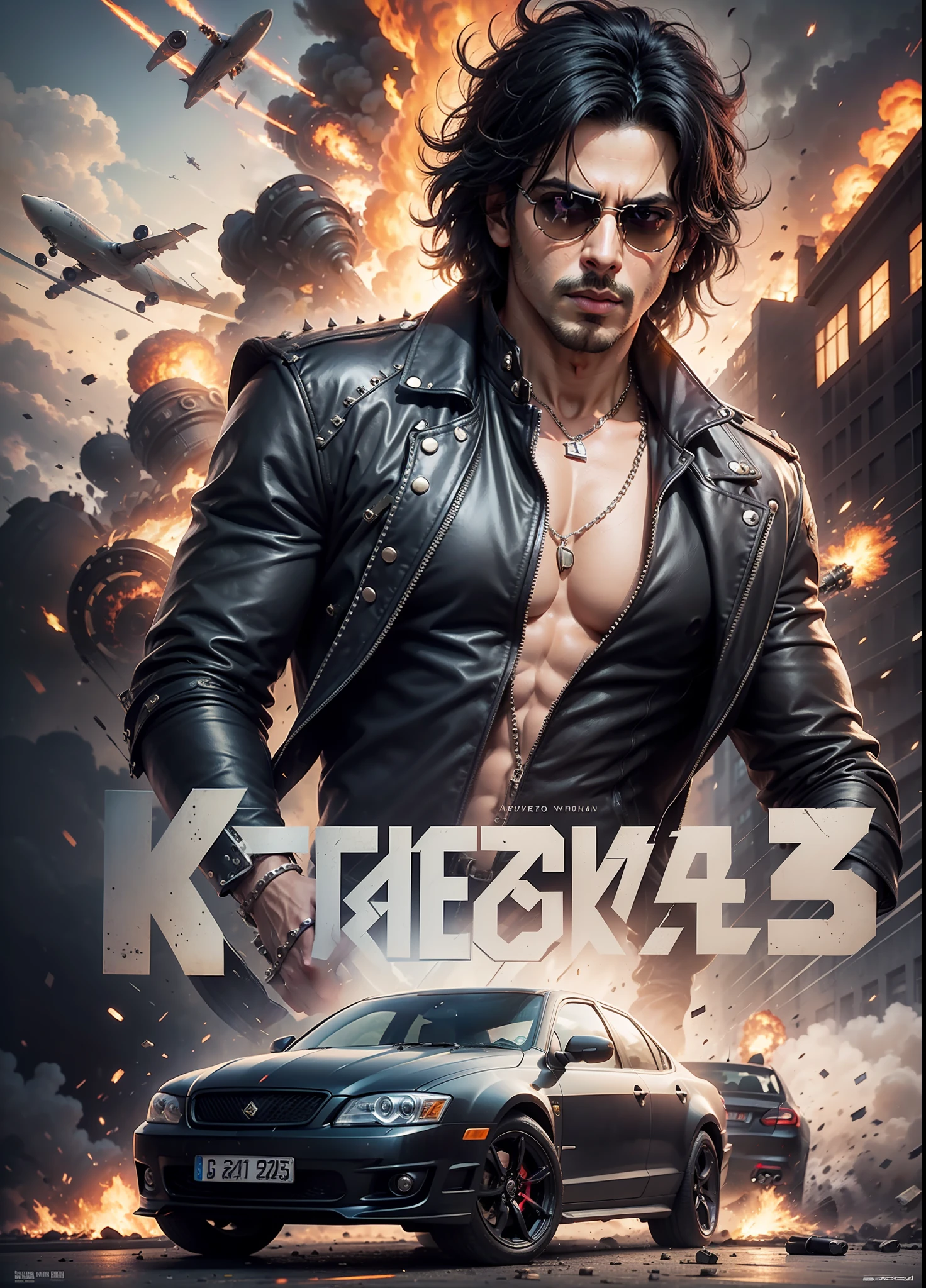 Movie poster krrish, sunglasses, rivets, explosions, guns, cars, planes, one person, full body.